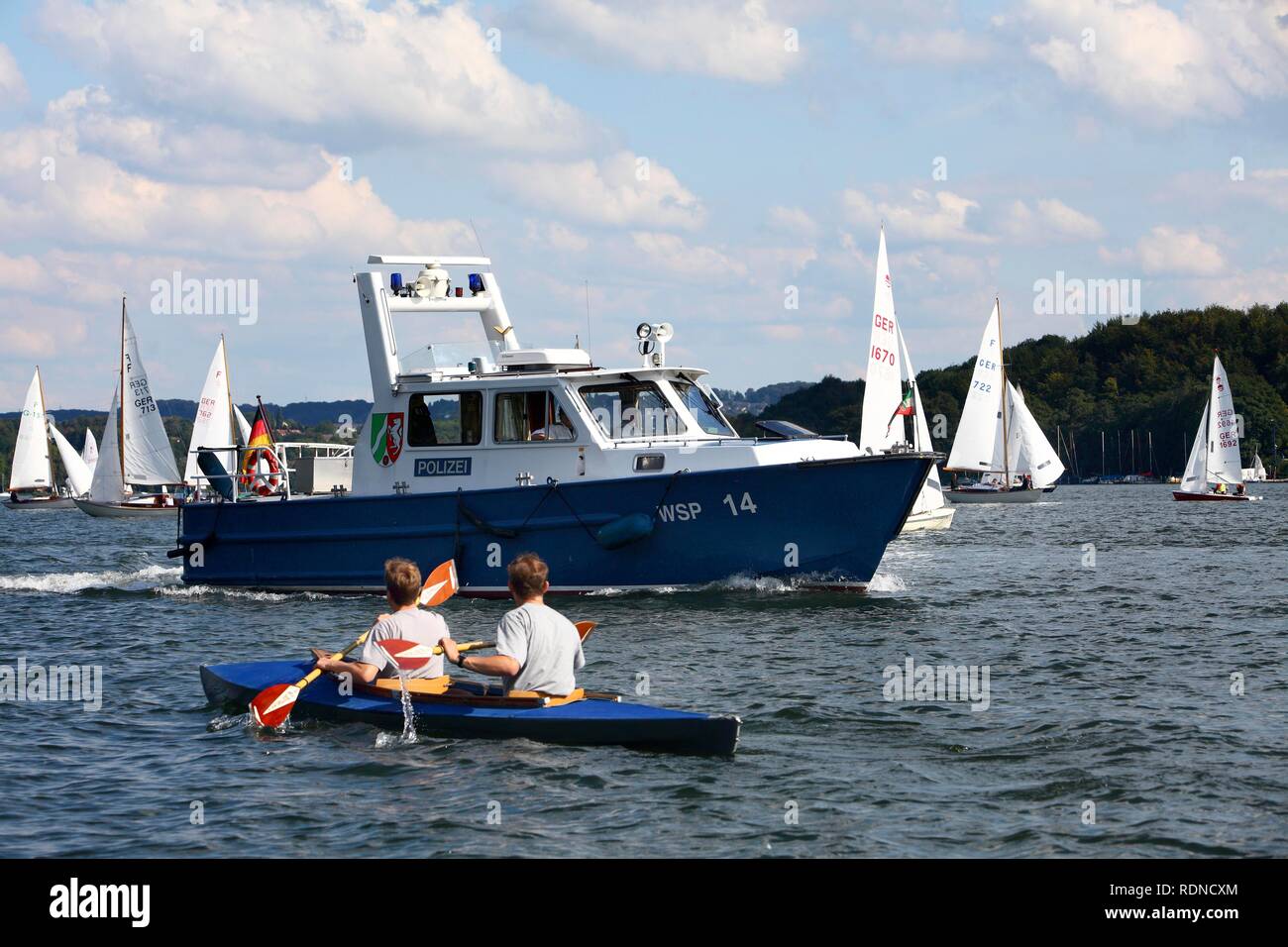 Water Police boat, 51st Essen Sailing Week on Lake Baldeney, Essen, North Rhine-Westphalia Stock Photo