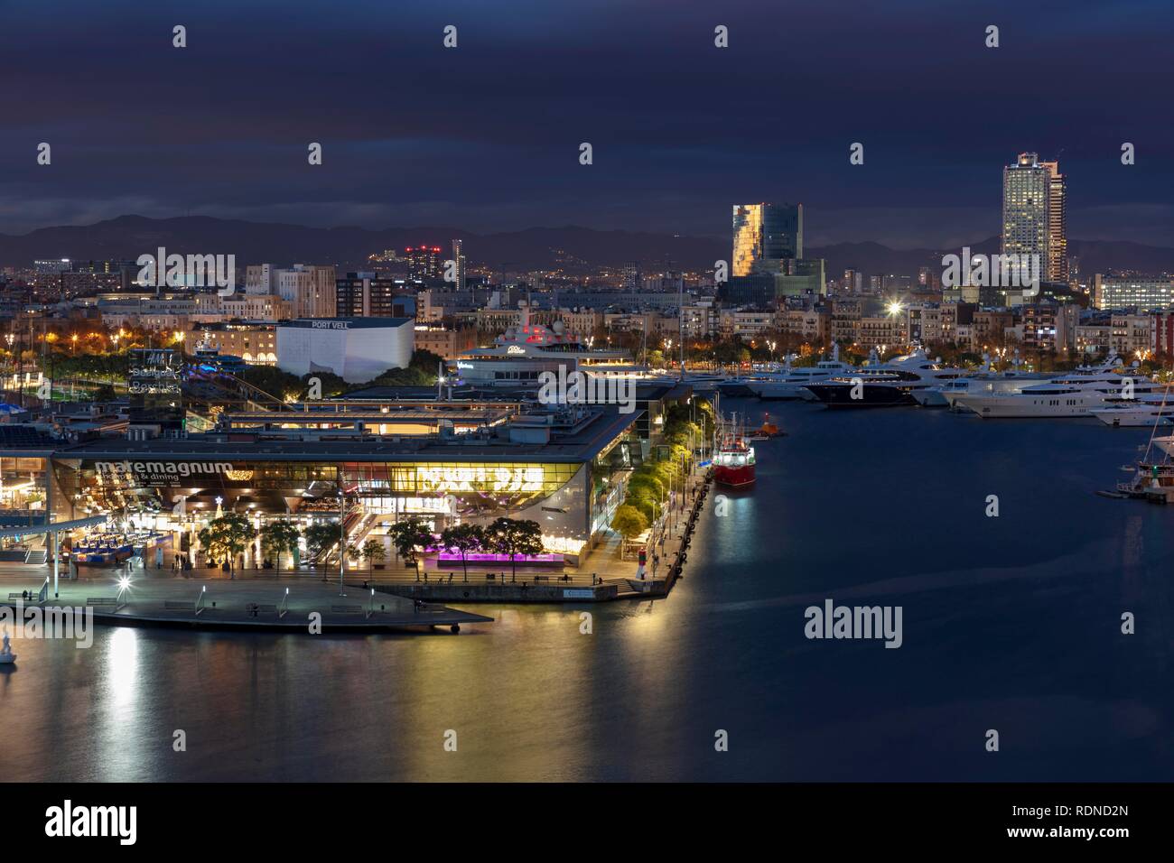 Port Vell, Port promenade Rambla de Mar, Maremagnum, Twilight, Barcelona, Catalonia, Spain Stock Photo