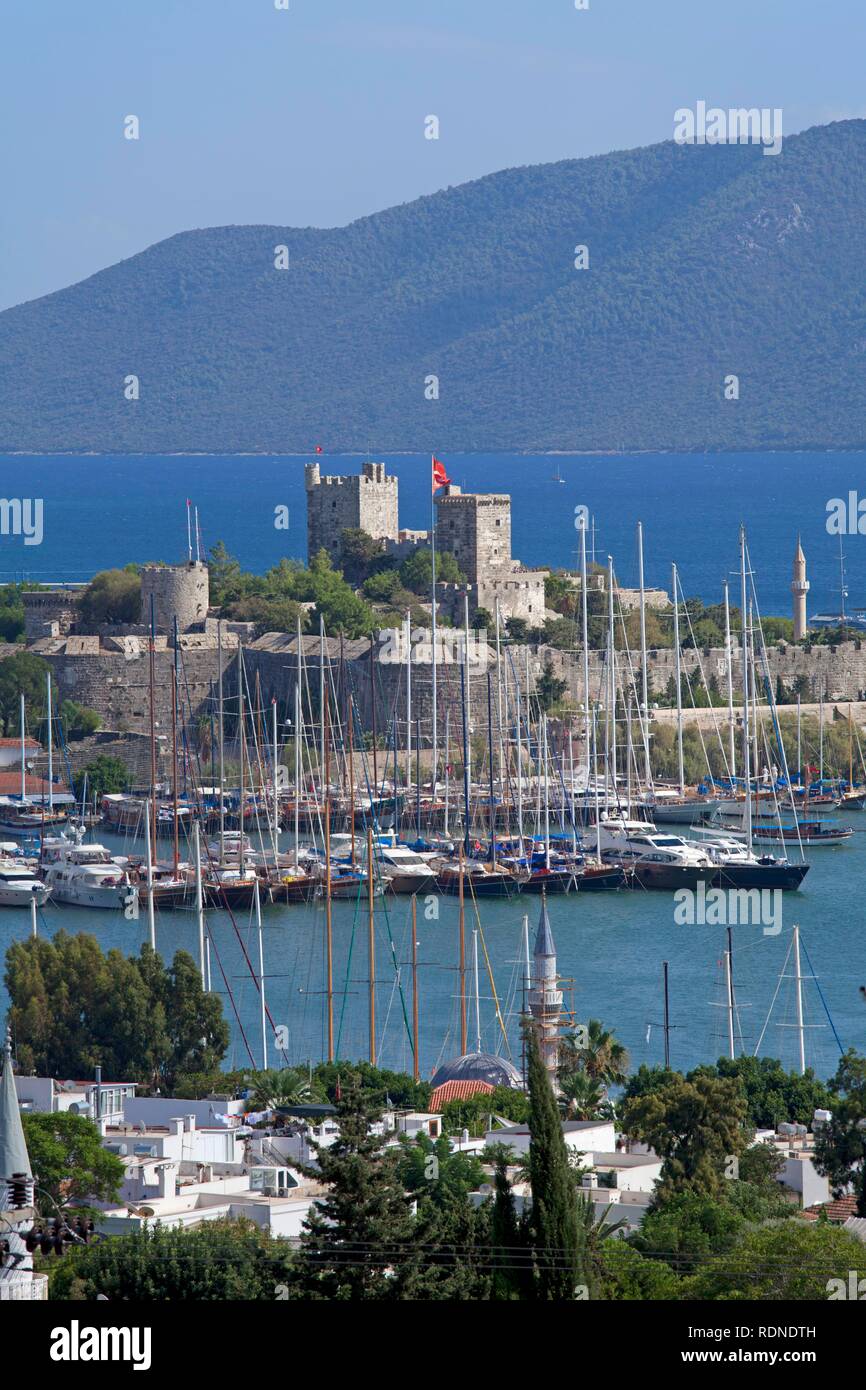 Castle and marina, Bodrum, Turkish Aegean, Turkey, Asia Stock Photo