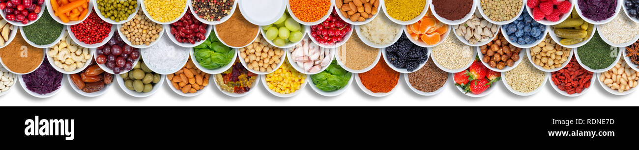 Fruits and vegetables food background spices ingredients berries banner from above fruit Stock Photo