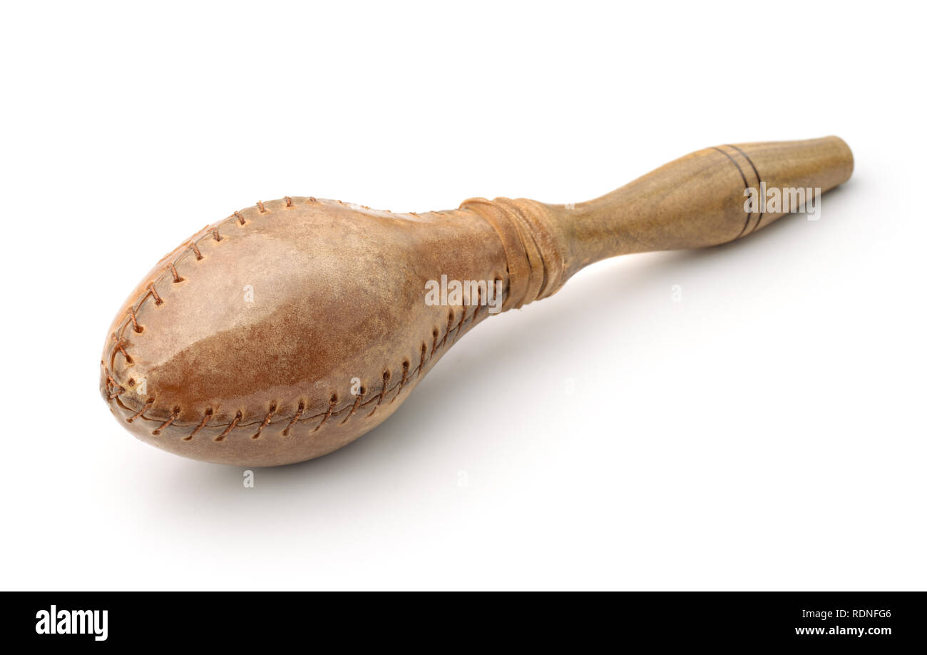 Traditional maraca made of leather and wood isolated on white Stock Photo