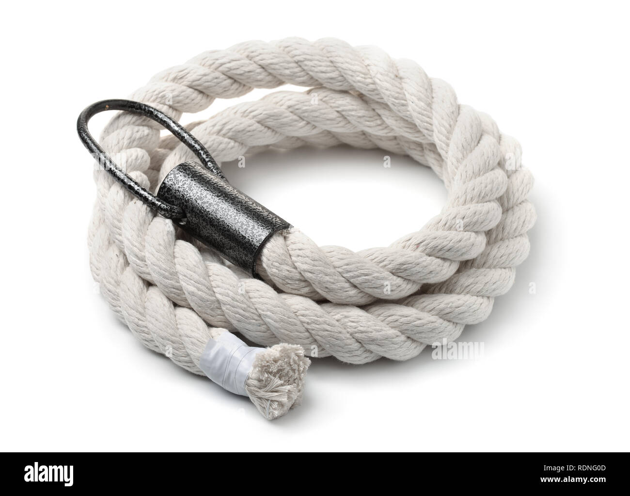 Rolled climbing gym exercise rope isolated on white Stock Photo