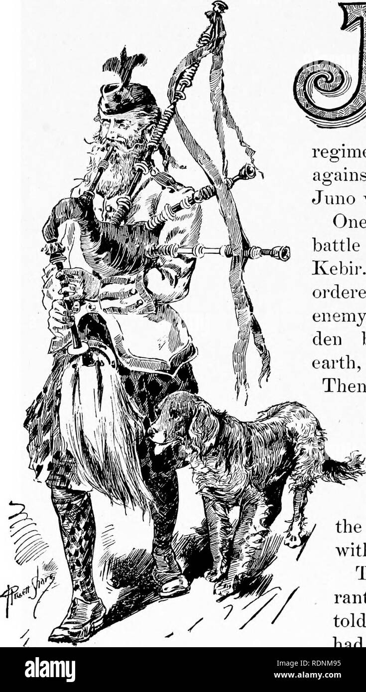 . Four feet, two feet, and no feet; or, Furry and feathery pets, and how they live. Animal behavior. I UNO is a red setter. She belongs to a regiment of Bi'it- ish soldiers, -*- the brave Gordon Highlanders. This regiment went to Egypt to fight against the Arabs, and took Jnno with them. One day there was a great battle at a place called Tel-el- Ivebii-. The Highlanders were oixlered to charge upon the enemy. The Arabs were hid- den behind great banks of earth, waiting for the attack. Then the drums beat and the trumpets blew. The Highlanders came up on a run. But ahead of them was biave ^ ''^ Stock Photo