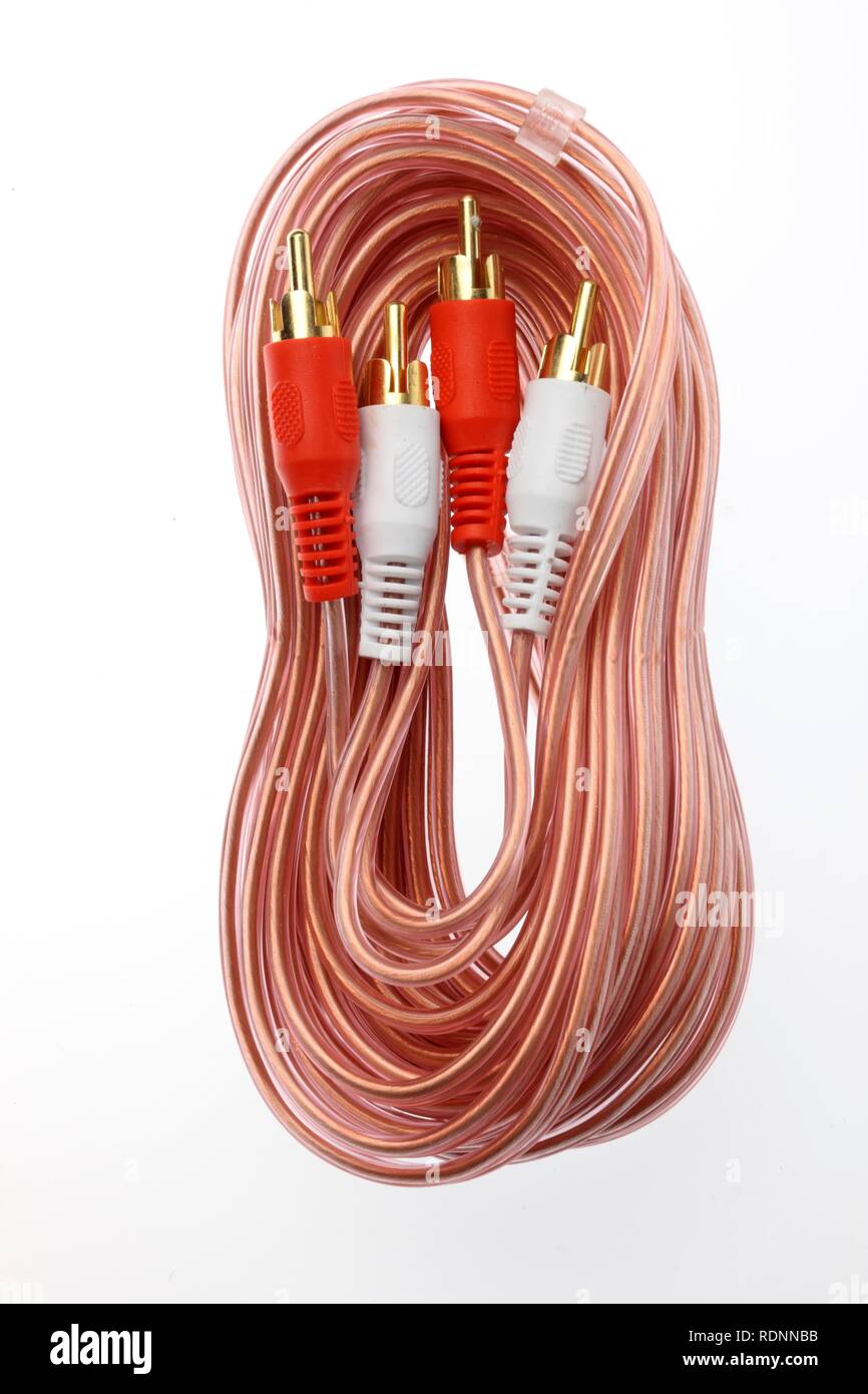 RCA cable and plug connection to transmit audio and video signals Stock