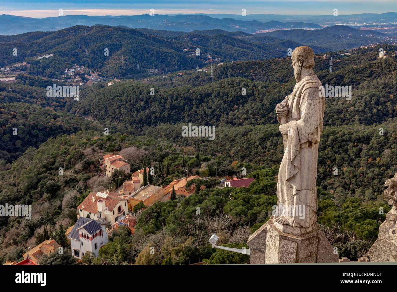 View over the statues of Sagrat Cor Church, Tibidabo, Barcelona, Catalonia, Spain Stock Photo