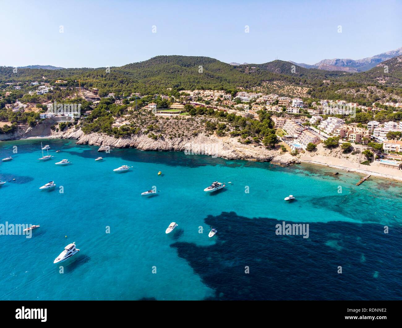 Aerial view, Camp de Mar with hotels and beaches, Camp de Mar, Costa de la Calma, Majorca, Balearic Islands, Spain Stock Photo