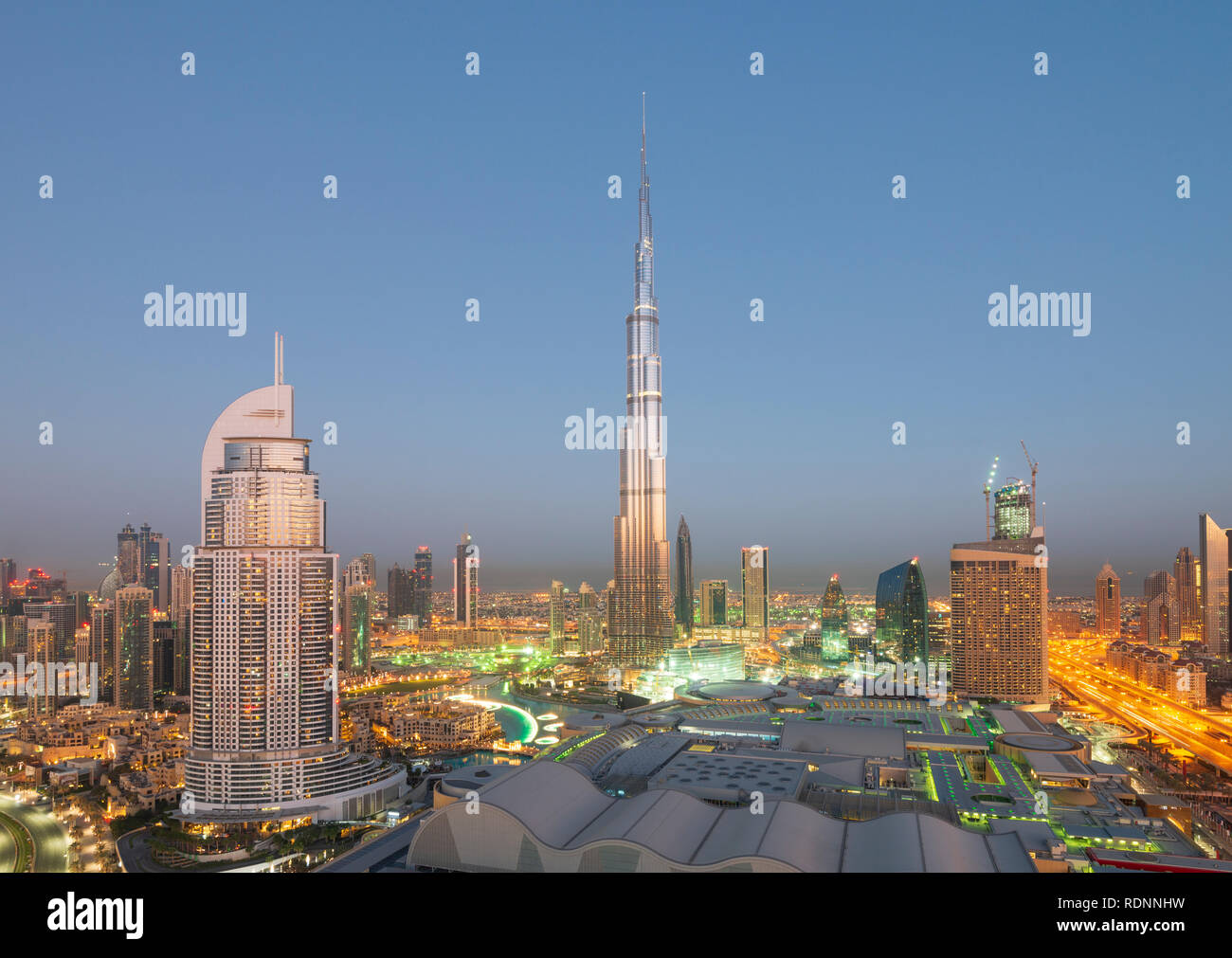 Sunrise skyline view of Burj Khalifa and Downtown Dubai district in United Arab Emirates. Stock Photo