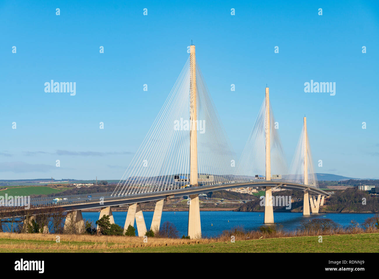 View of Queensferry Crossing Bridge spanning the Firth Of Forth river at South Queensferry in Scotland, UK Stock Photo