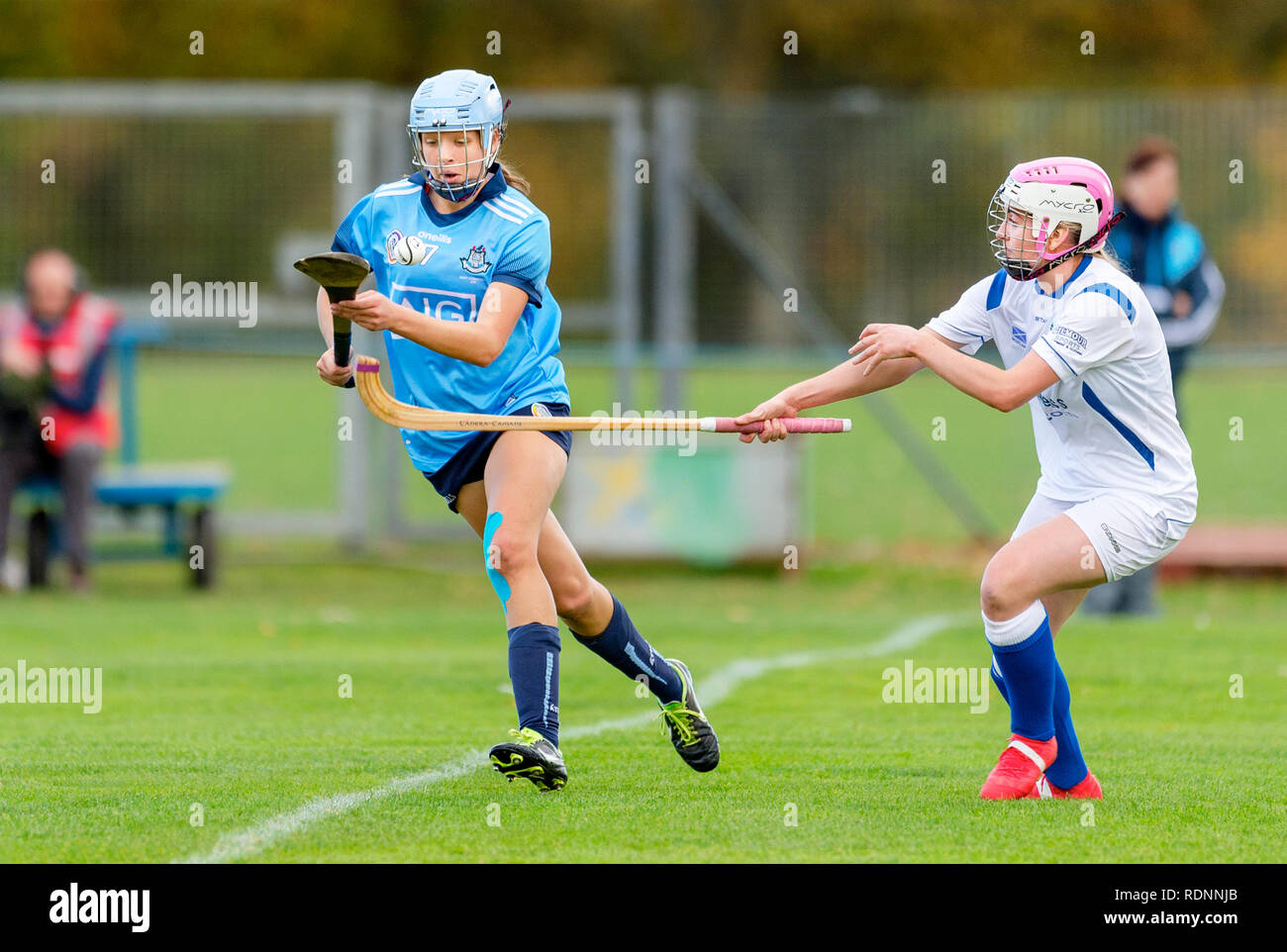 Marine Harvest Scotland v Dublin shinty camogie challenge match, played at The Bught, Inverness. Stock Photo