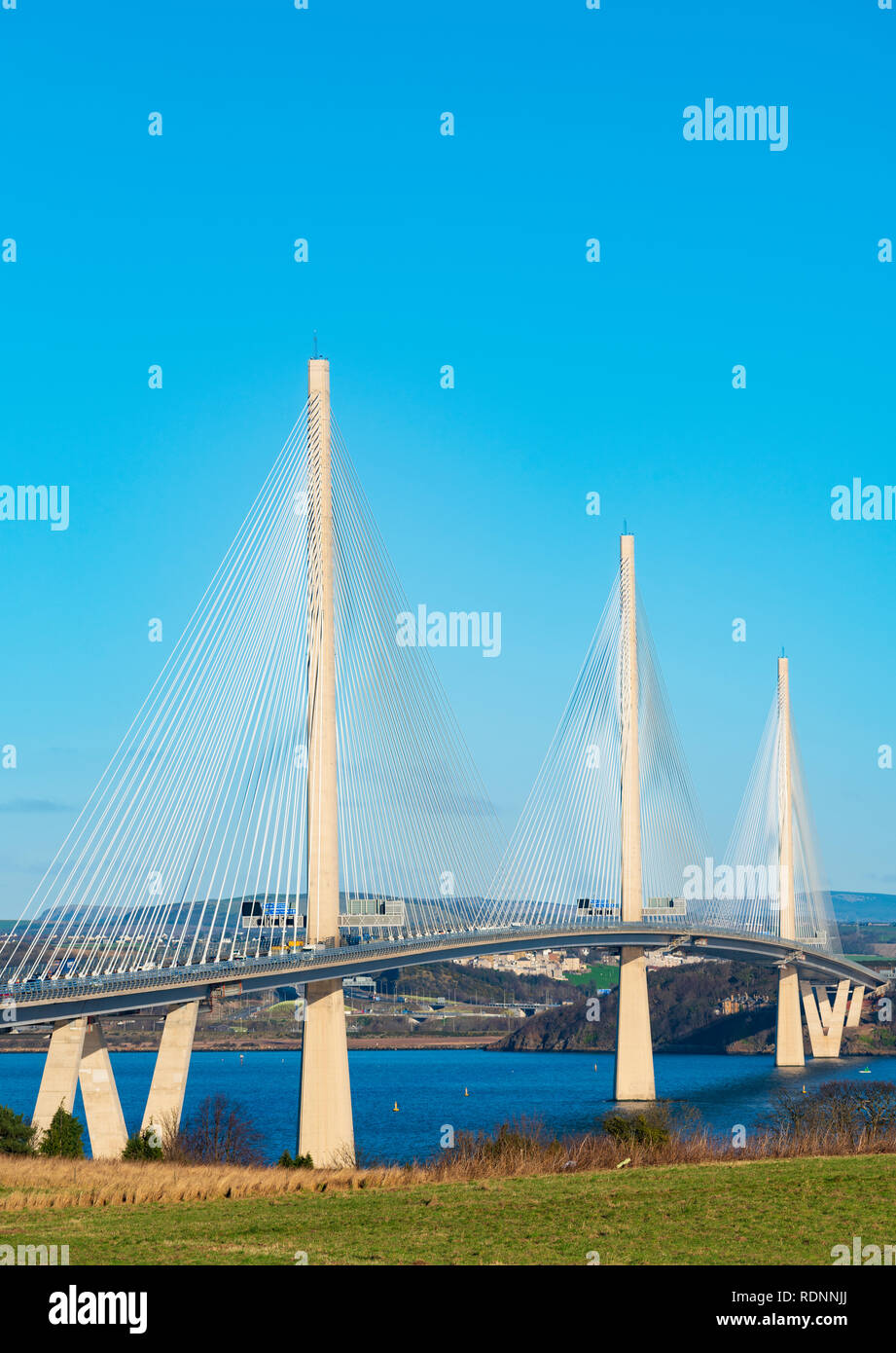 View of Queensferry Crossing Bridge spanning the Firth Of Forth river at South Queensferry in Scotland, UK Stock Photo