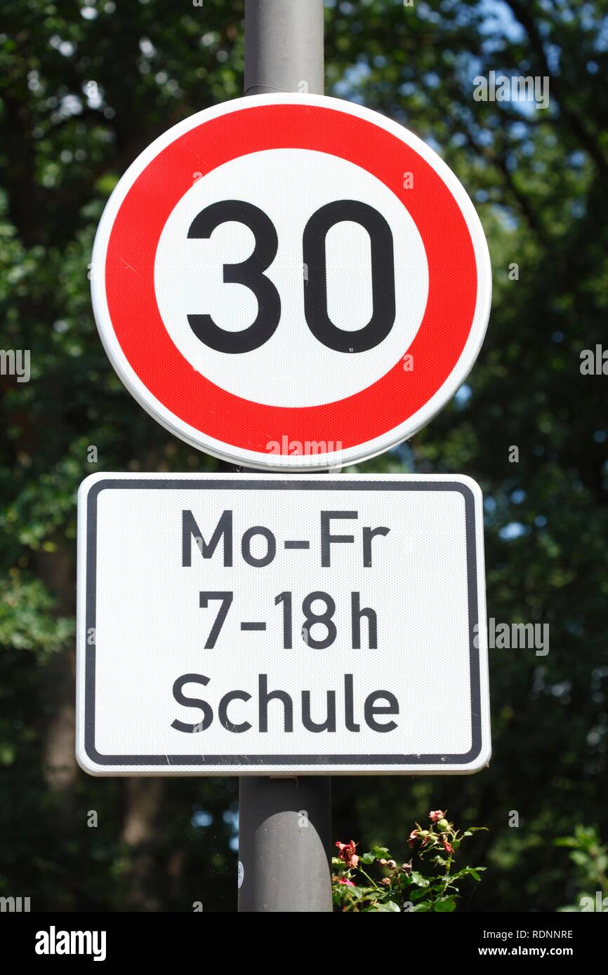 Traffic sign Speed limit 30 Km/h, school, Germany Stock Photo