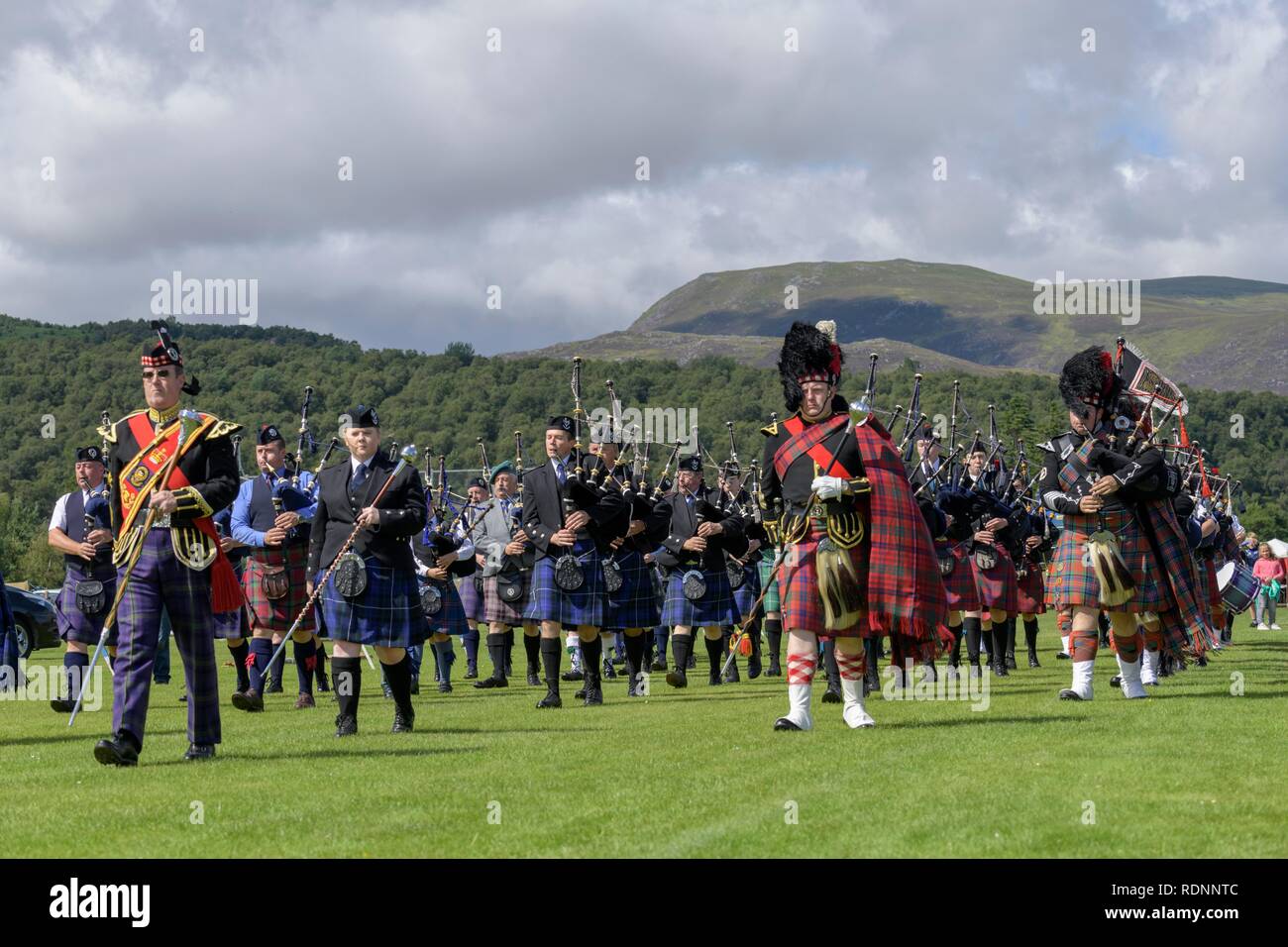 March of the Pipe Bands, Highland Games, Newtonmore, Scotland, United Kingdom Stock Photo