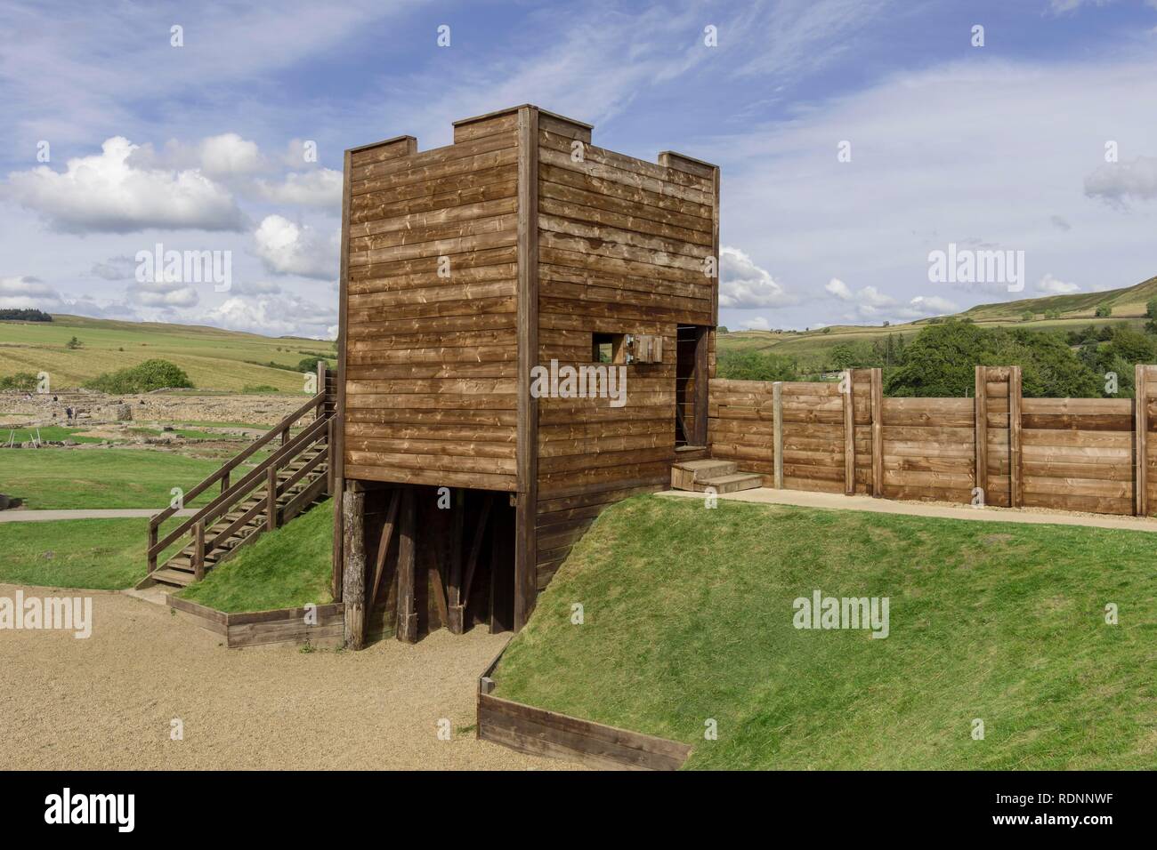 Reconstruction of Roman wooden watchtower, Vindolanda, Henshaw, Hadrianswall, England, United Kingdom Stock Photo