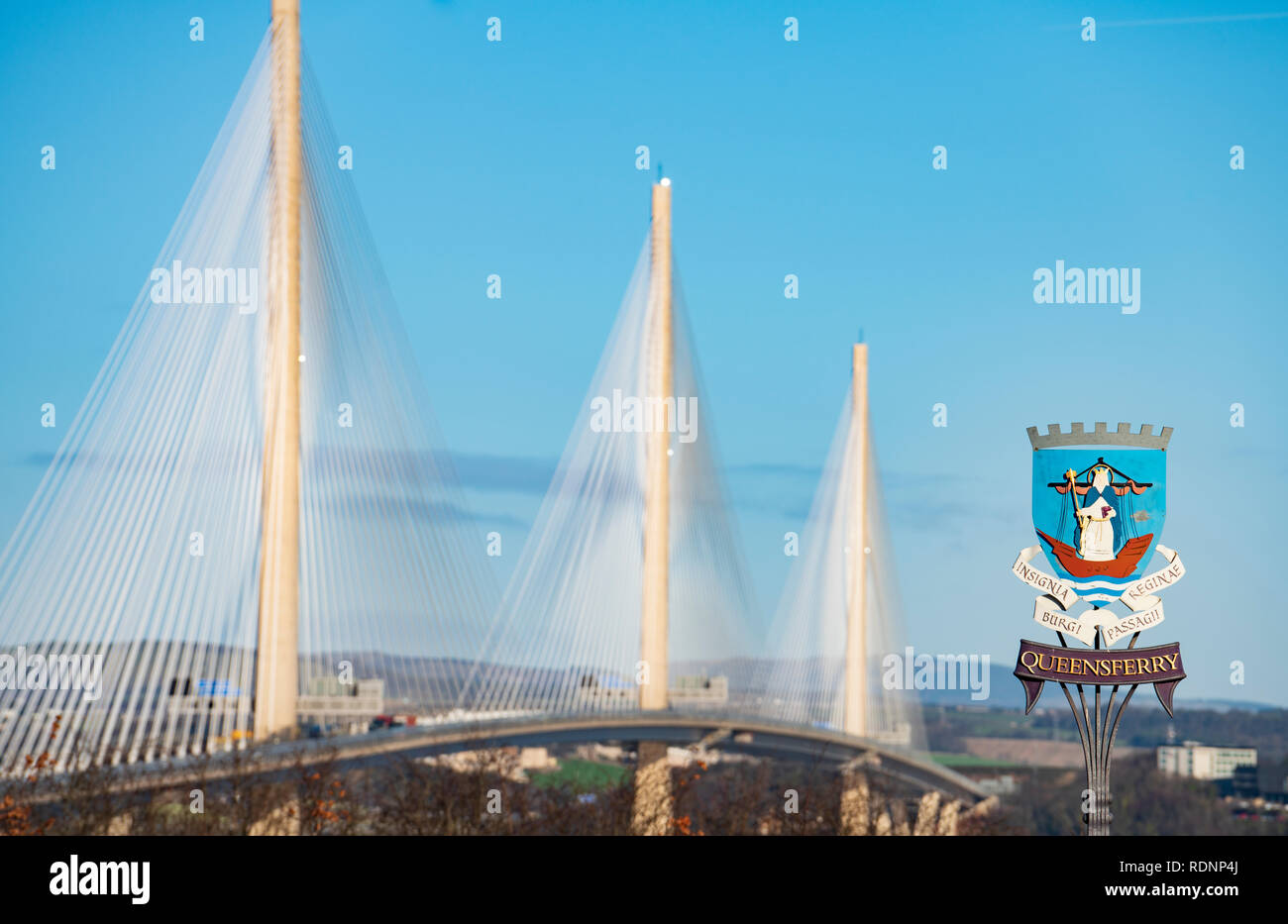 View of Queensferry Crossing Bridge spanning the Firth Of Forth river at South Queensferry in Scotland, UK Stock Photo