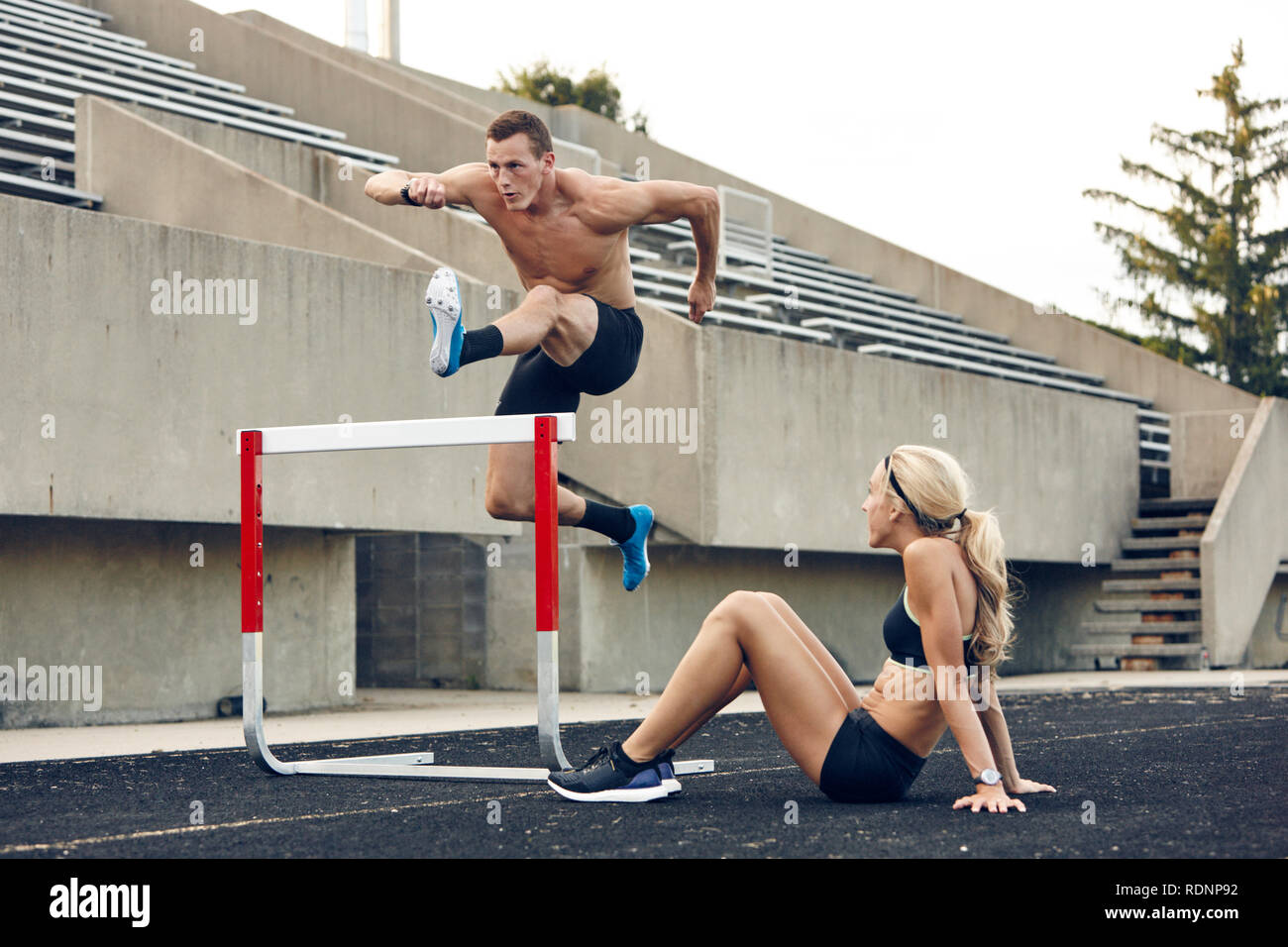 Steeplechaser jumping over barrier Stock Photo Alamy