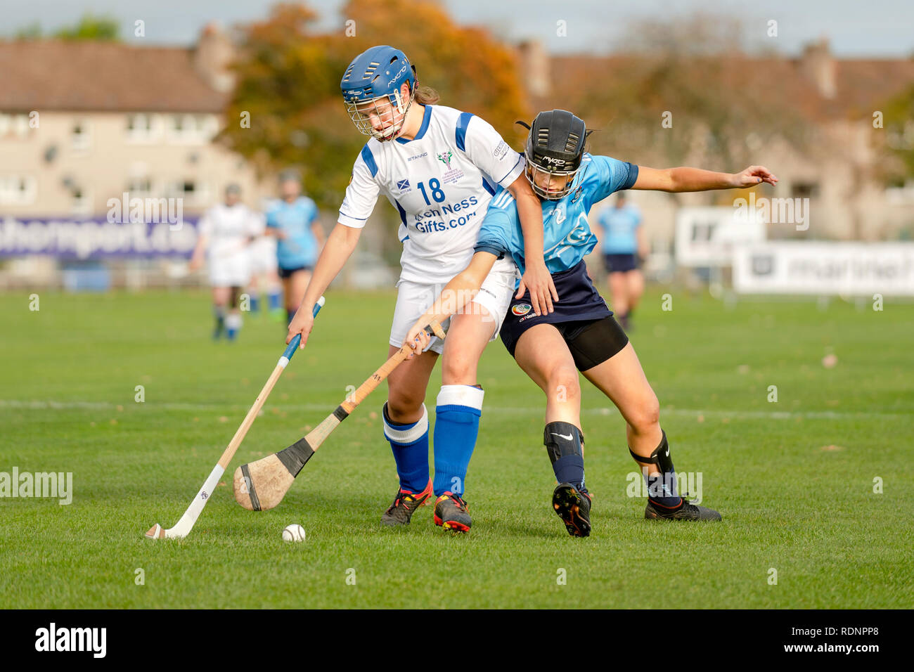 Marine Harvest Scotland v Dublin shinty camogie challenge match, played at The Bught, Inverness. Stock Photo