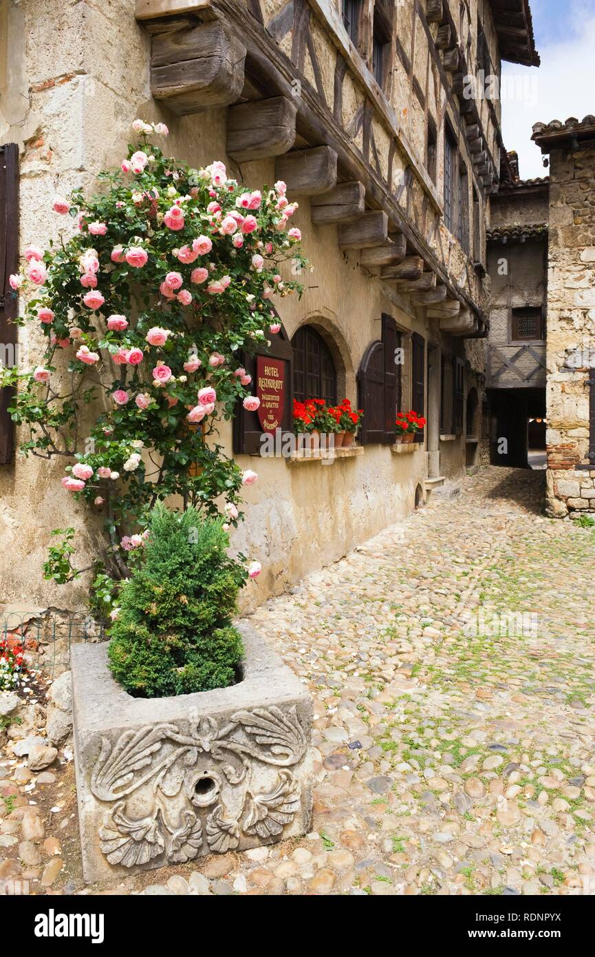 Cobblestone street, medieval walled town of Perouges, France, Europe ...