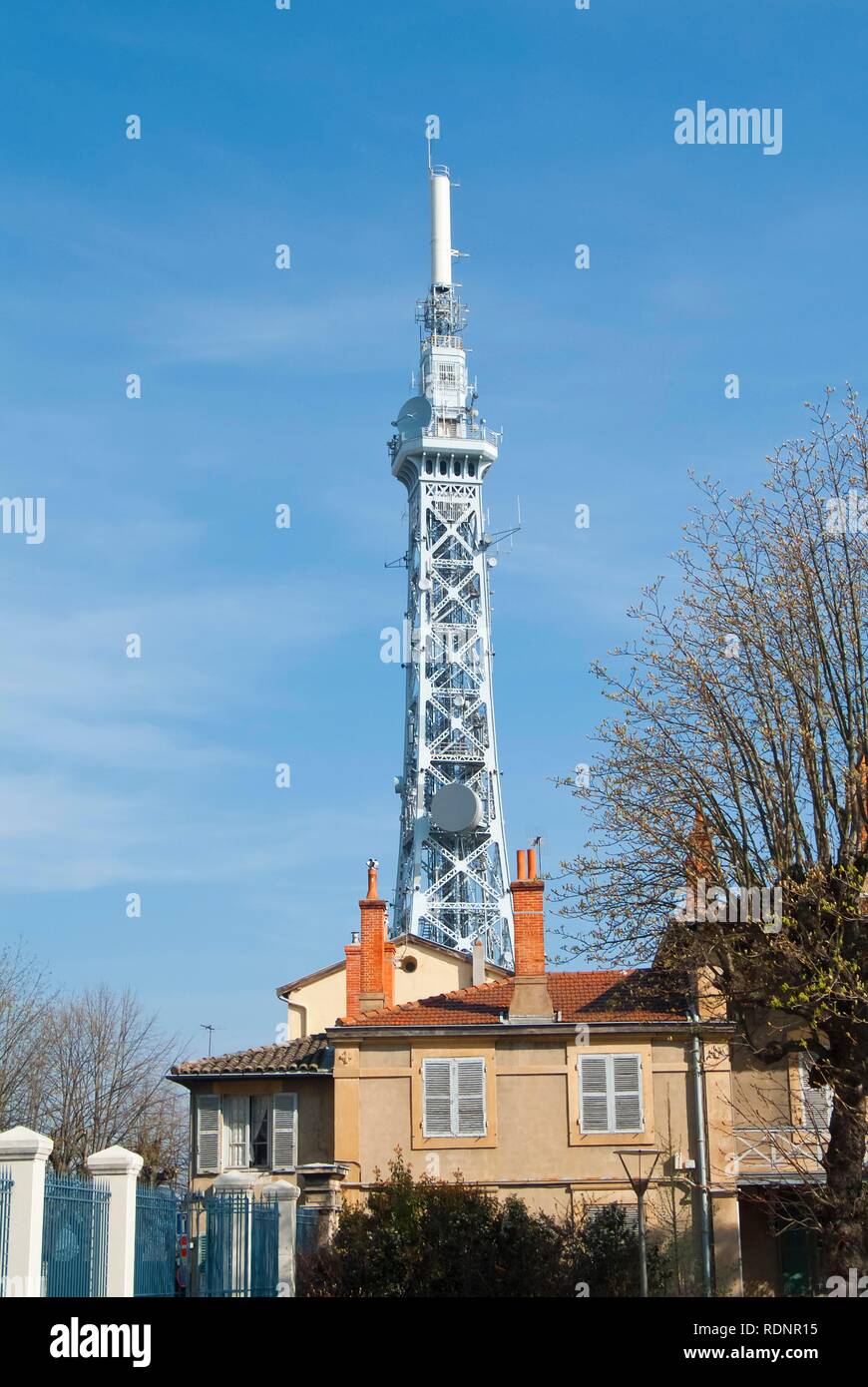 Metallic tower on the Fourvière Hill, historic district of Vieux Lyon