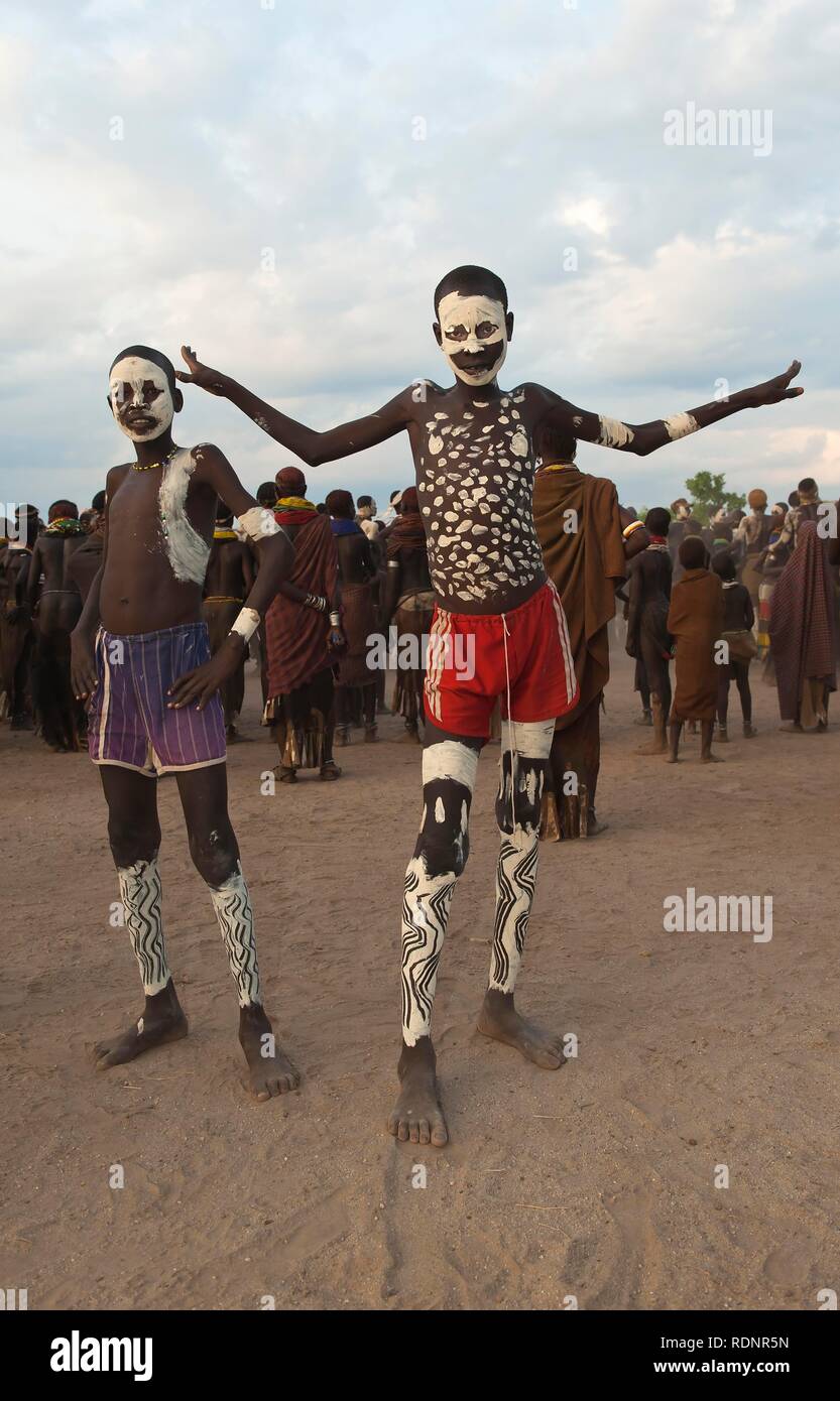 Young Nyangatom, Bumi, boys with painted face, Omo river Valley, Ethiopia, Africa Stock Photo