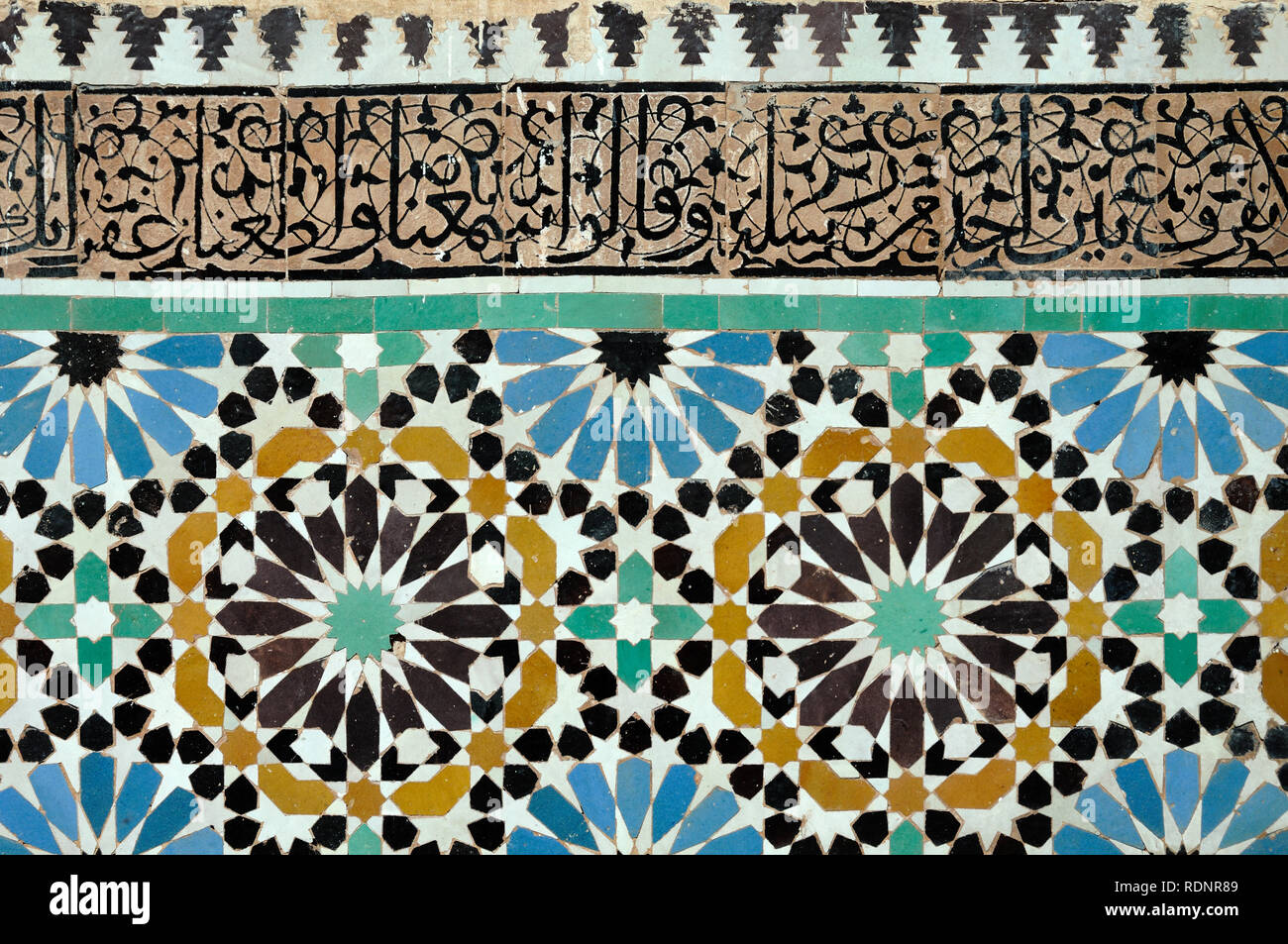 Moroccan or Islamic Tiles or Tiling in the c16th Saadian Tombs Marrakech or Marrakesh Morocco Stock Photo