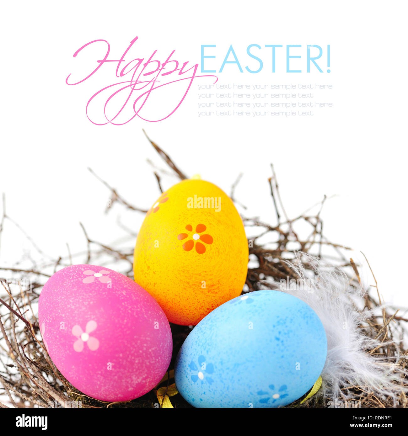 Colorful easter eggs in nest on a white background Stock Photo - Alamy