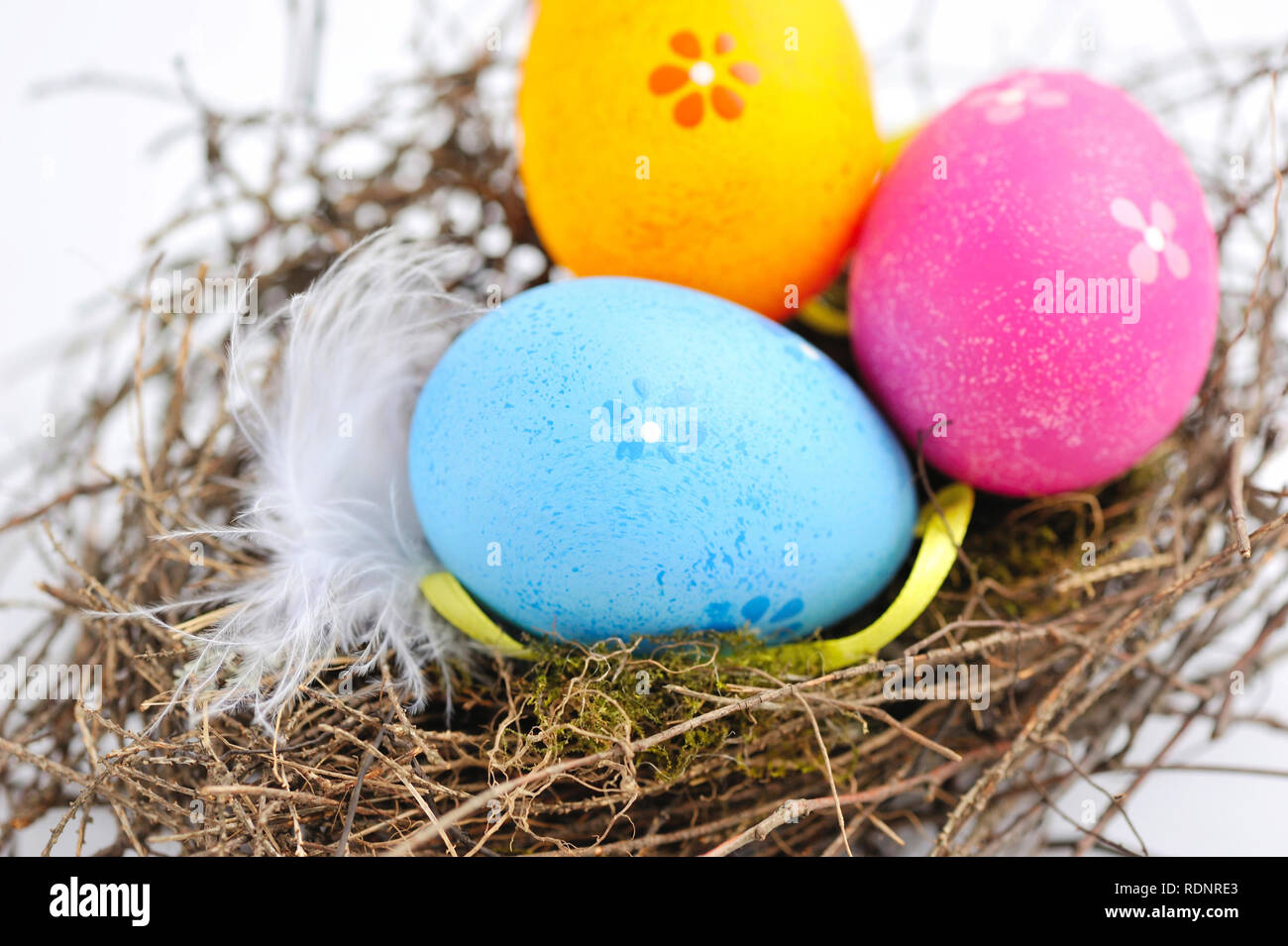 Colorful easter eggs in nest on a white background Stock Photo - Alamy