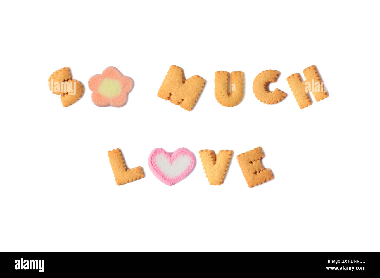Top view of the word SO MUCH LOVE spelled with alphabet shaped biscuits and marshmallow candies on white background Stock Photo
