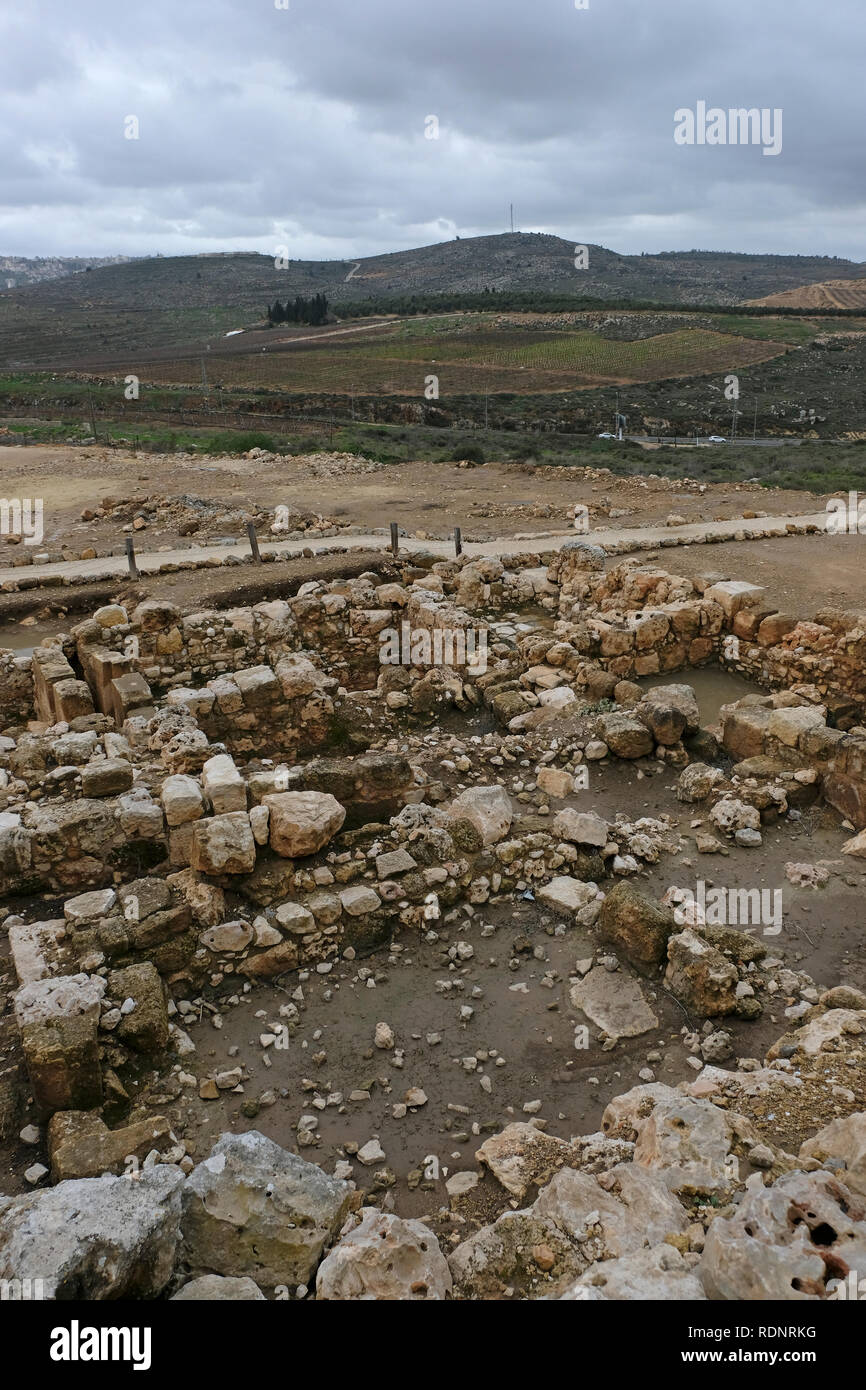 Ruins of a fortified residential building from the Byzantine period 5th-6th century CE in the archaeological site of Tel Shiloh (Khirbet Seilun) an ancient city in Samaria which was the major Israelite worship centre before the first Temple was built in Jerusalem located in the West Bank, Israel. Stock Photo