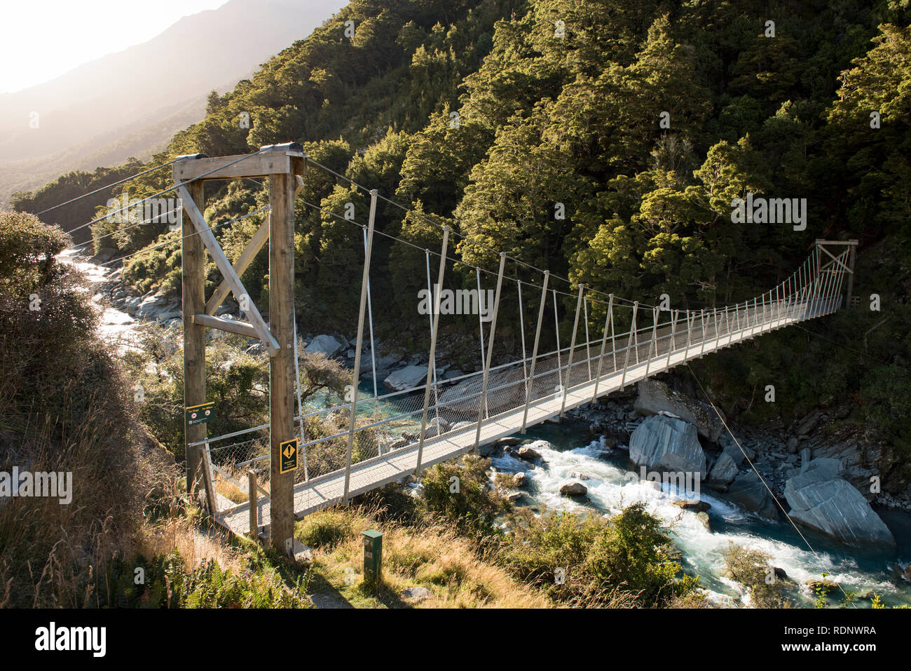 The beginning of the Rob Roy Glacier Track leads hikers over the Matukituki River via a swing bridge into a beech forest in the Matukituki Valley near Stock Photo