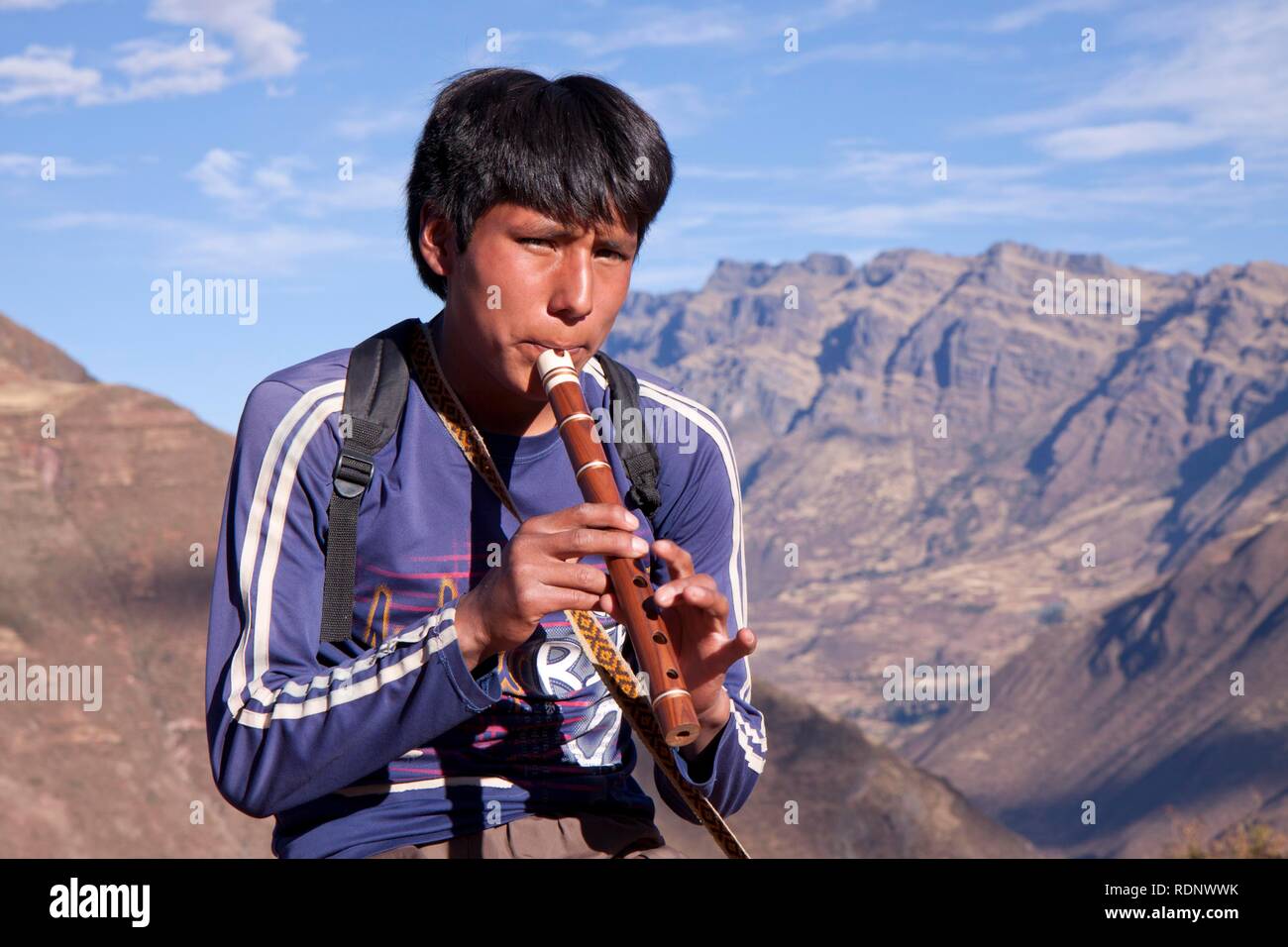 Flute player at the Inca ruins near Pisac, Andean highlands, Peru, South America Stock Photo