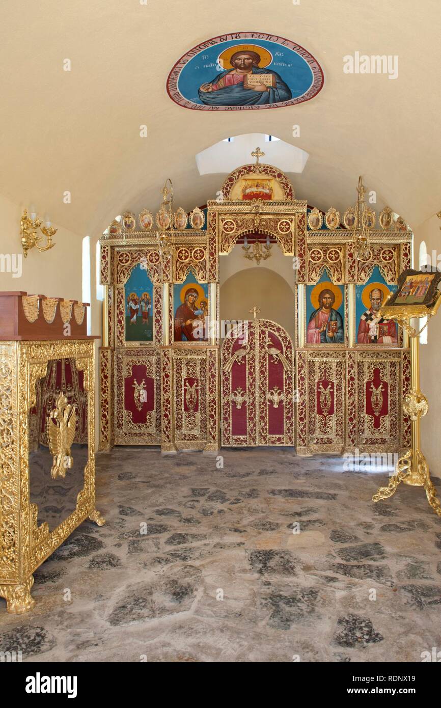 Inside the small chapel at the harbour of the small island Amouliani off the Athos Peninsula in Chalcidice, Central Macedoniam Stock Photo