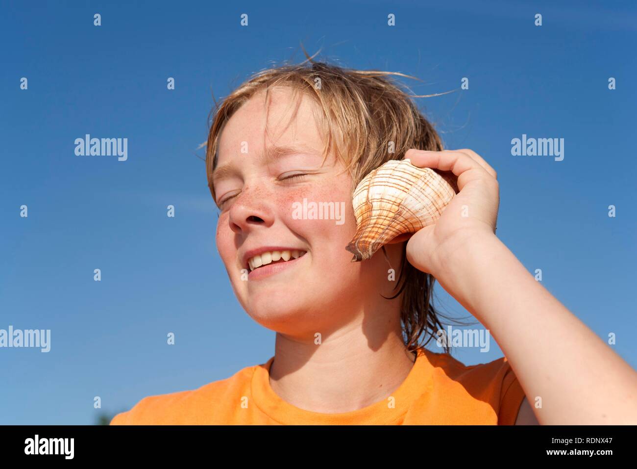 Portrait of a young boy listening to a sea shell Stock Photo