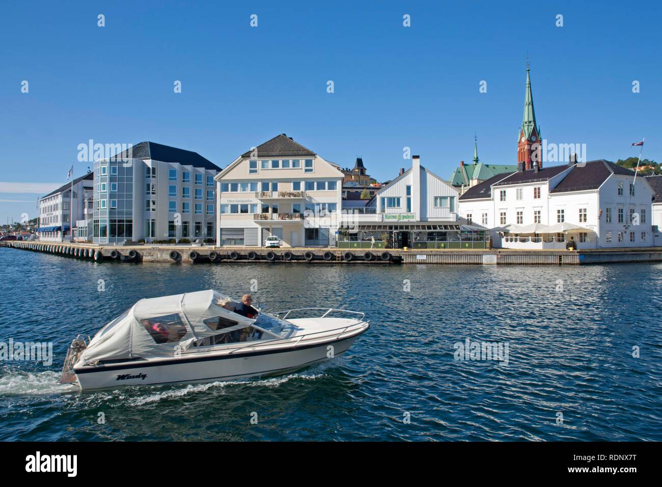 Harbour and Church in Arendal, Norway, Scandinavia, Europe Stock Photo
