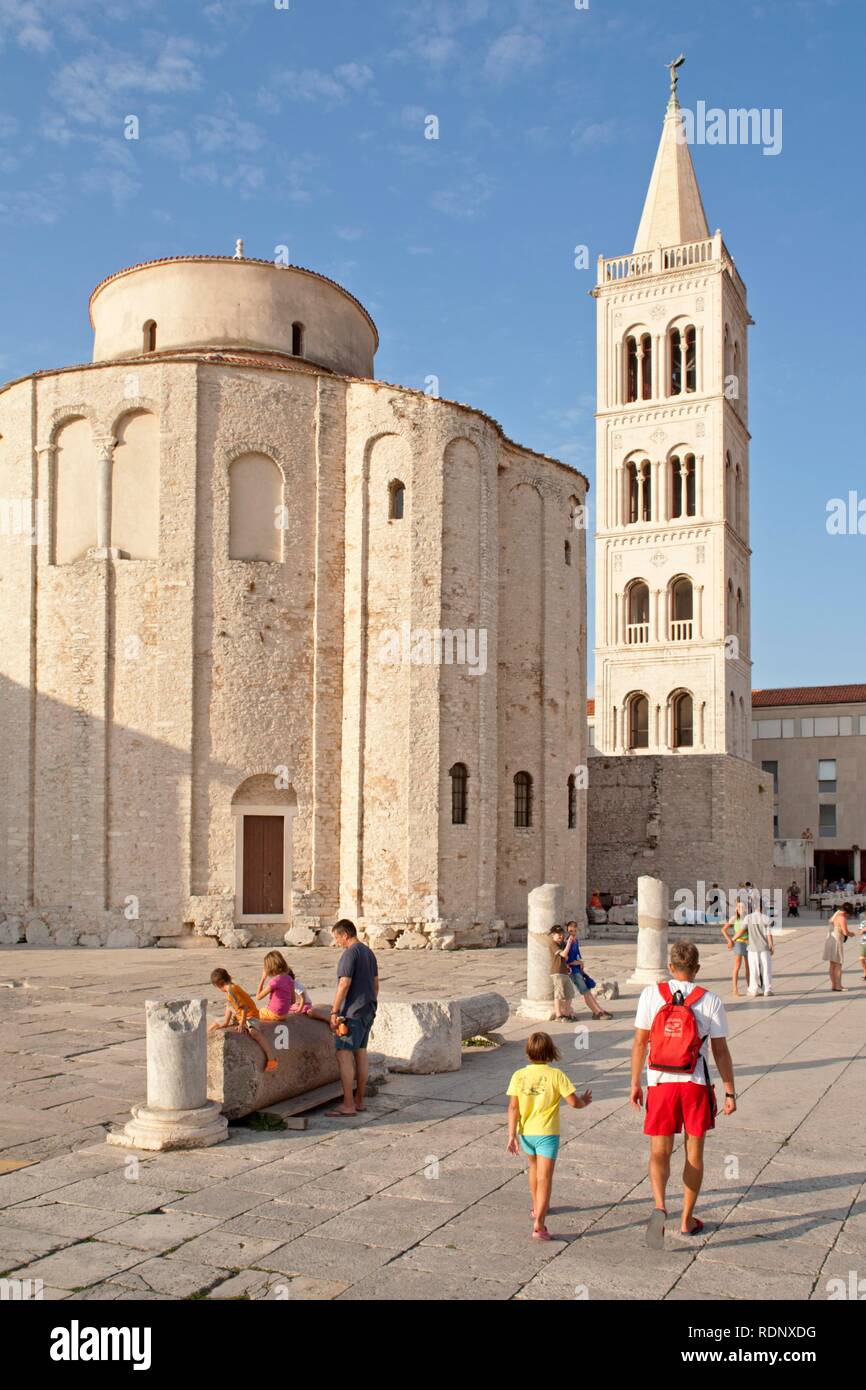 The circular church of St. Donat and the bell tower of St. Anastasia's Cathedral in Zadar, Adriatic Coast, Dalmatia, Croatia Stock Photo