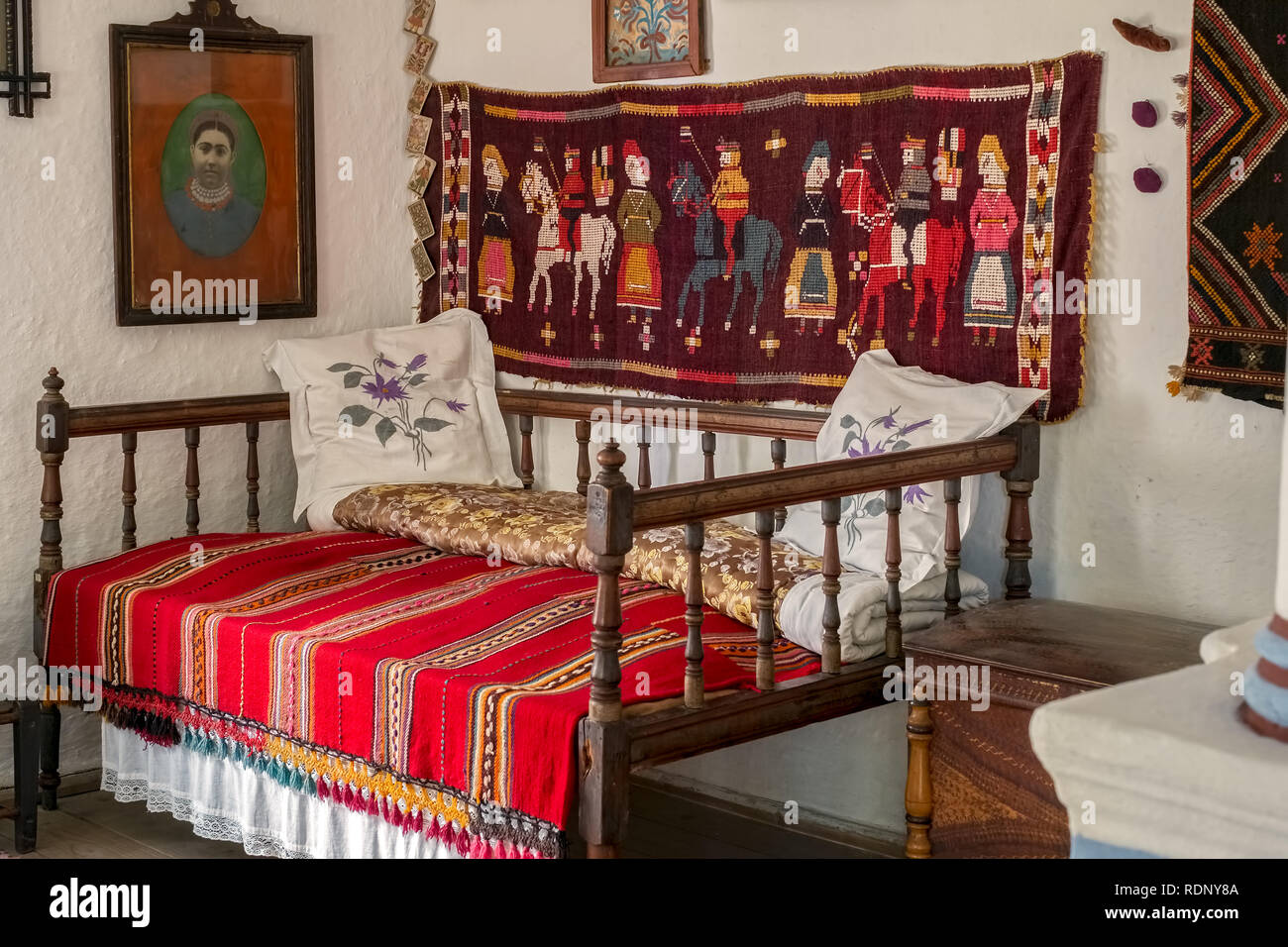 Bucharest, Romania, September 05, 2017. Dimitrie Gusti National Village Museum. Traditional Romanian folk house interior with vintage decoration. Stock Photo