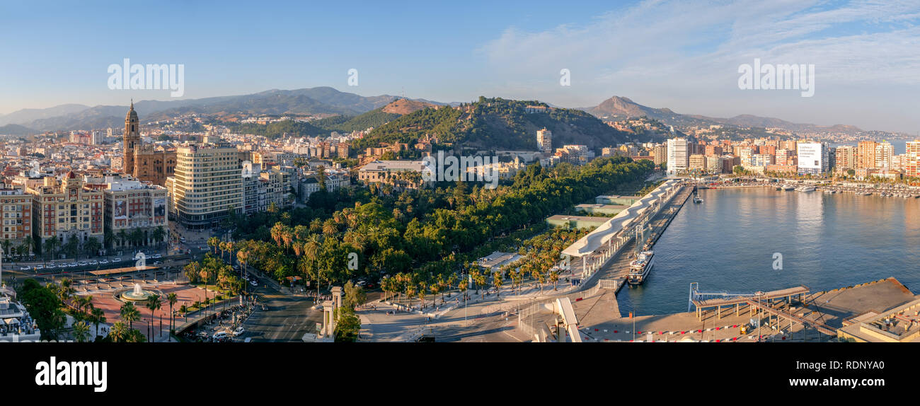 Malaga, Spain - June 29, 2018. Panoramic view of the Malaga city, Cathedral of the Incarnation, Marriott hotel, Waterfront promenade Muelle Uno and po Stock Photo