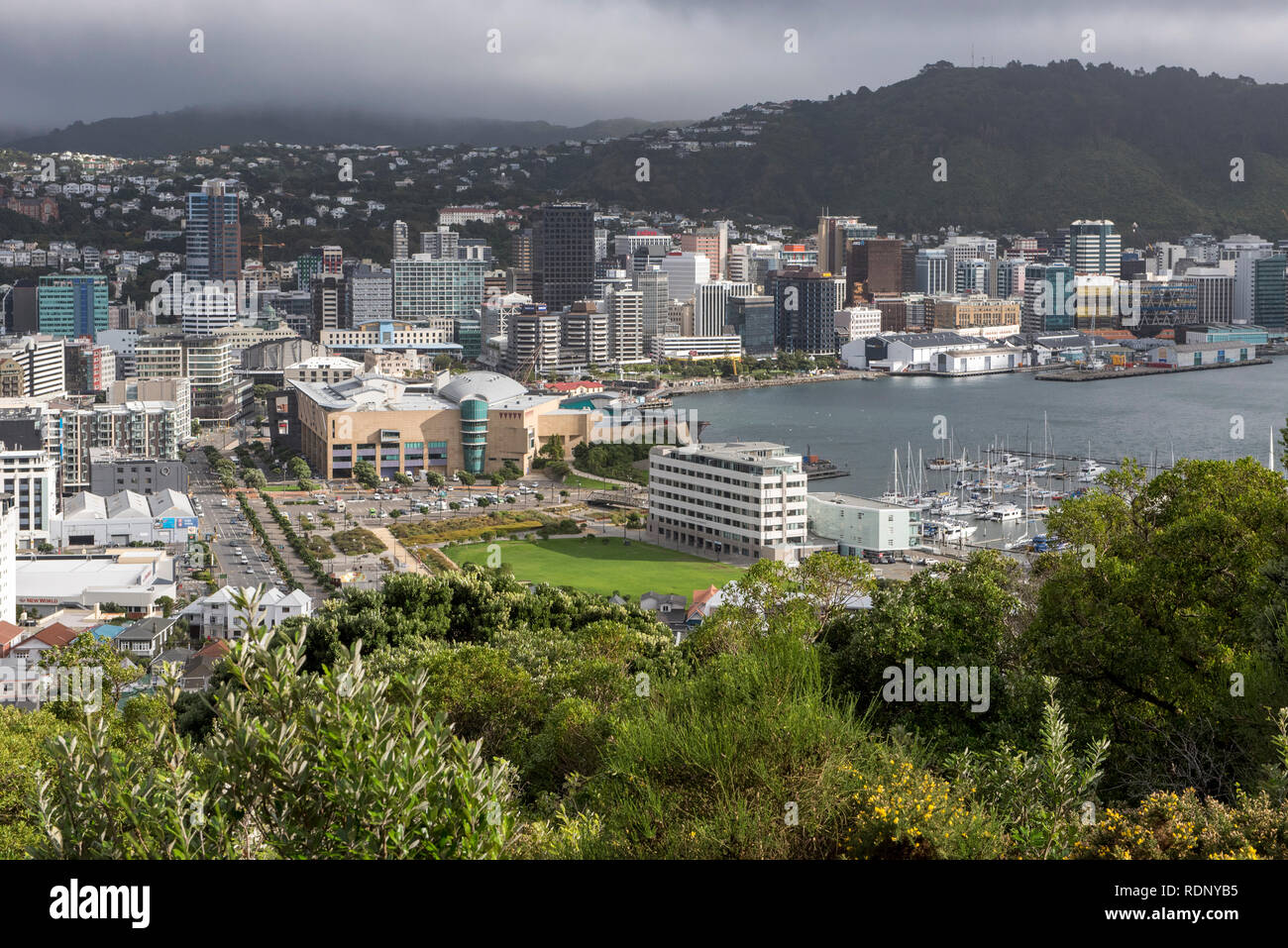 View from Mount Victoria of downtown Wellington, North Island, New Zealand. Stock Photo