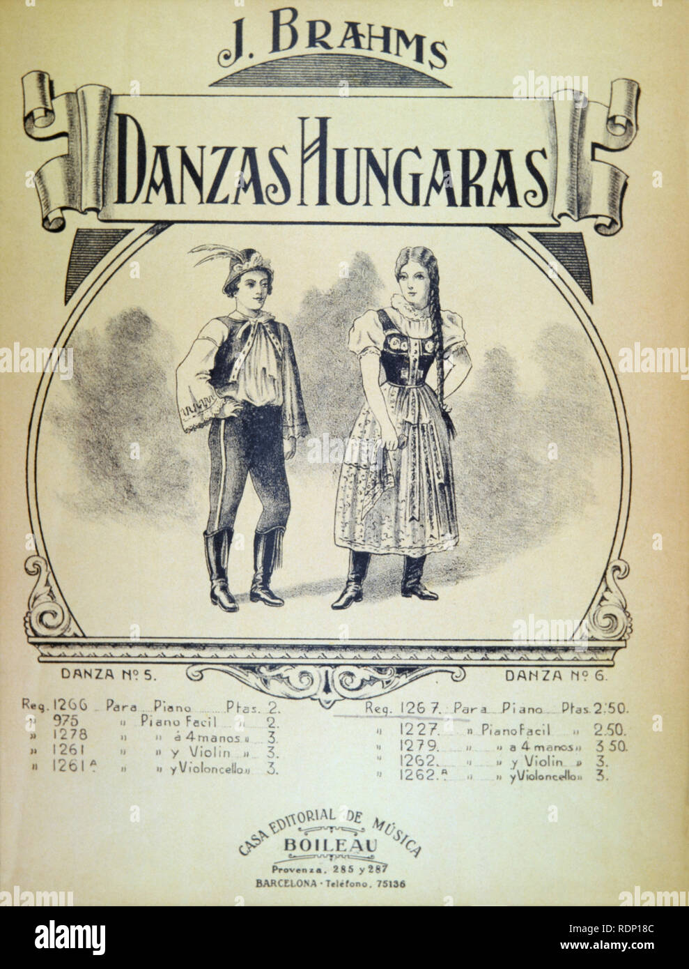 Portada de "Danzas Húngaras" del compositor Johannes Brahms (Hamburgo, 1833-Viena, 1897). Editada en Barcelona hacia 1910. Stock Photo