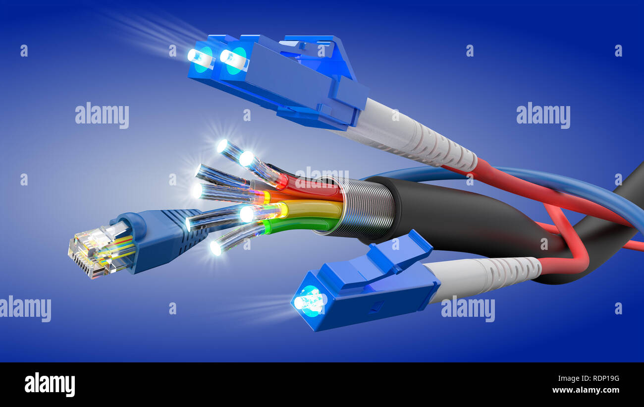 Network cable and optic fibre cable connection, 3D rendering Stock Photo -  Alamy