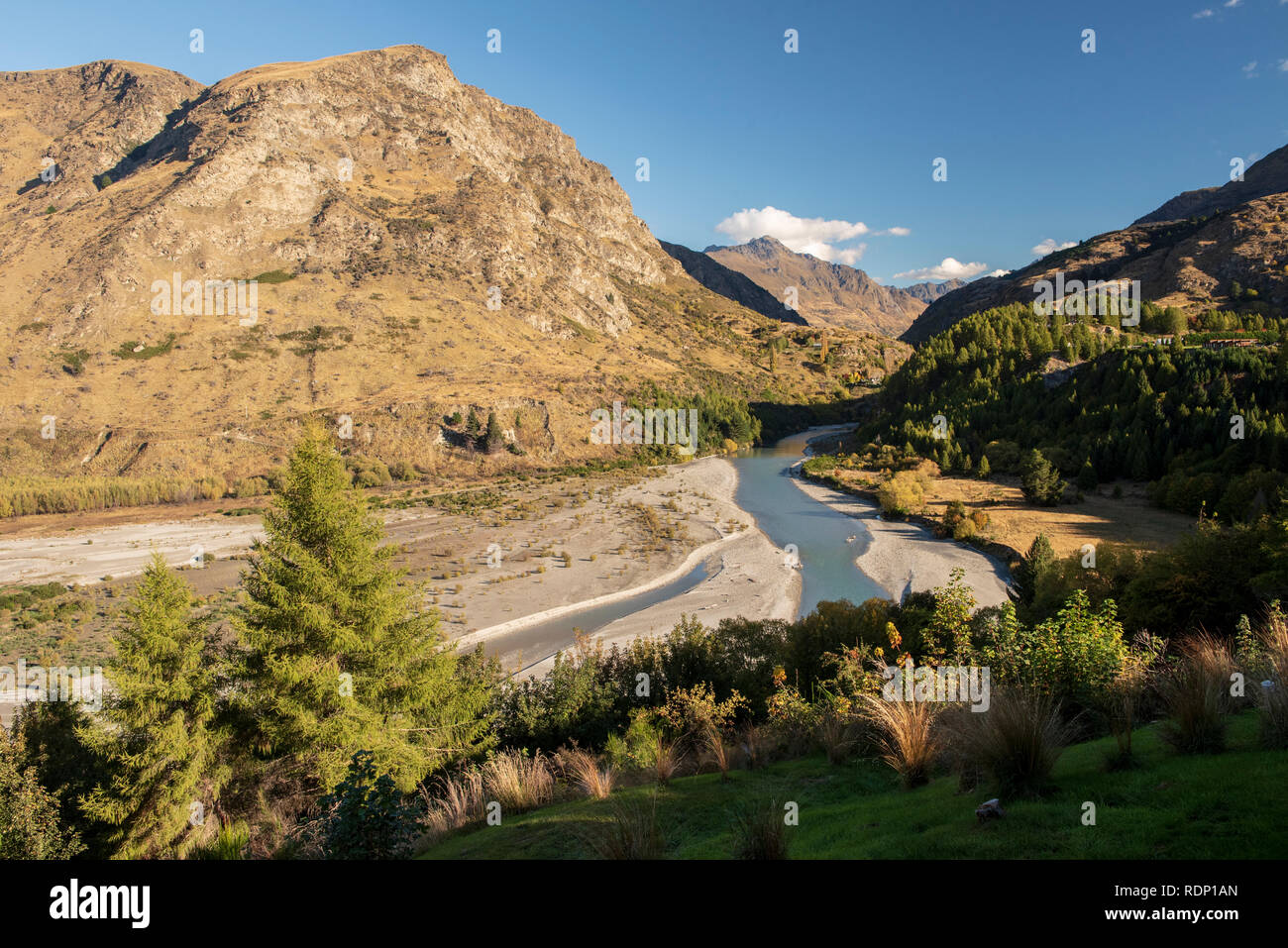 View of the Shotover River as seen from the Onsen Hot Pools near Queenstown on the South Island of New Zealand. Stock Photo