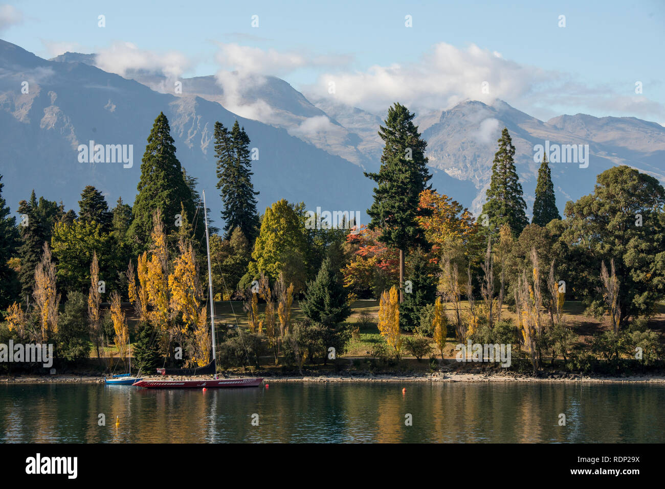 Scene along the waterfront of Lake Wakatipu in Queenstown on the South ...
