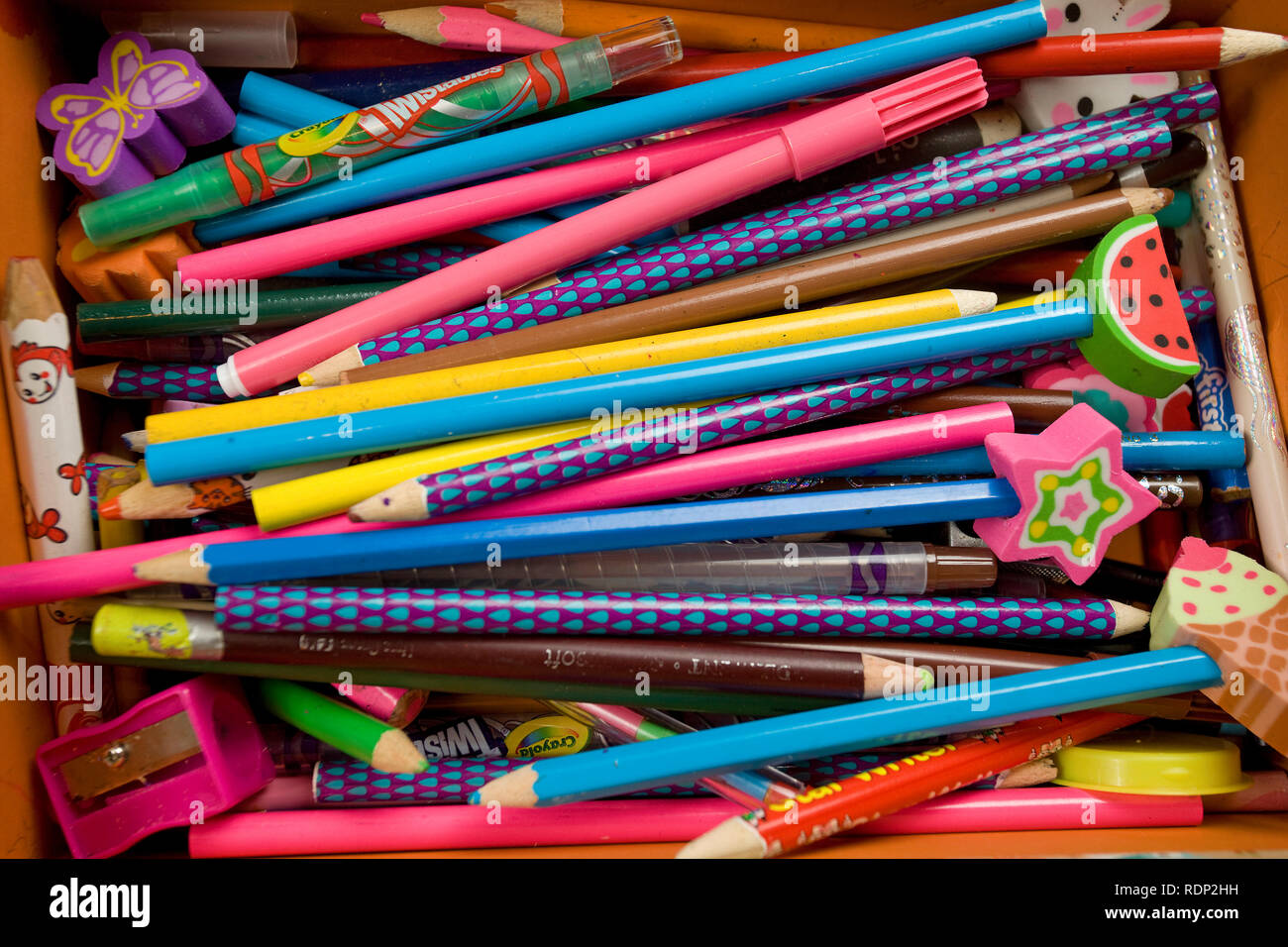 Childrens colouring pens and pencils Stock Photo