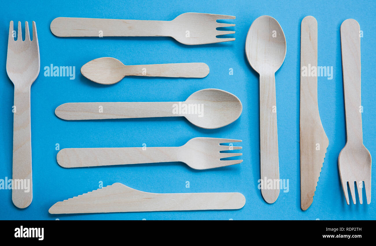 A variety of recyclable wooden cutlery that are disposable and
