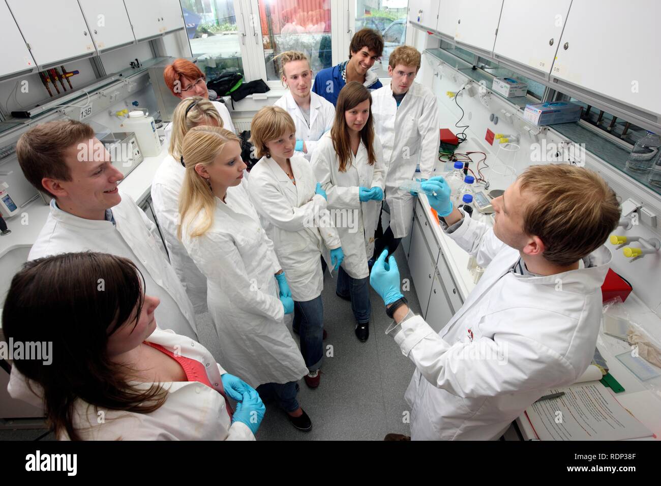 Internship leader explaining the next experiment to an internship group in a laboratory, Centre for Medical Biotechnology of the Stock Photo