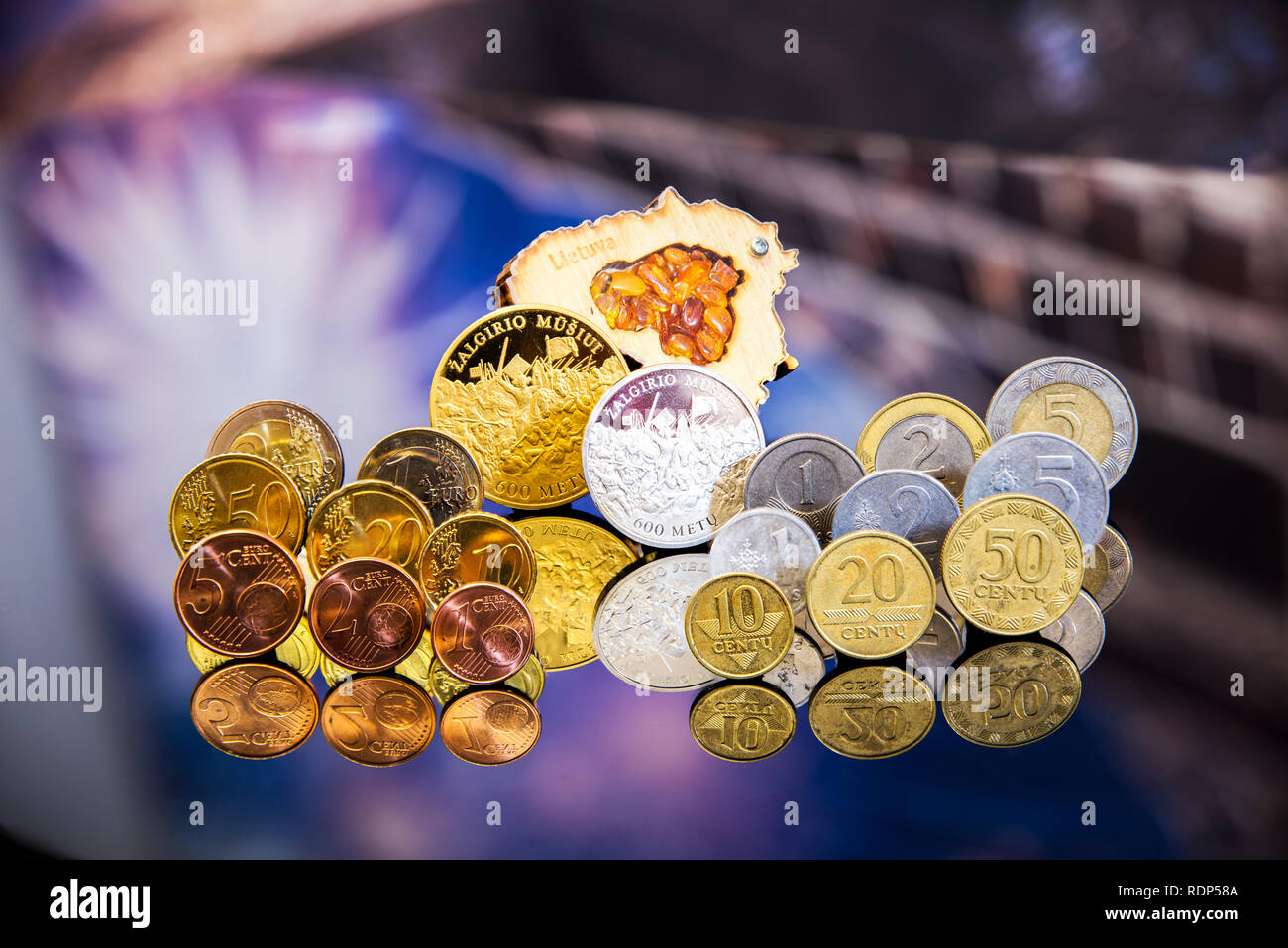 Lithuanian litas and Euro coins collection. Stock Photo