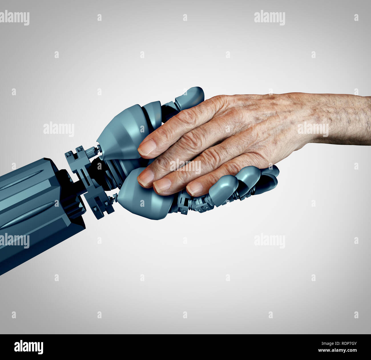 Senior care and future technology as an old Alzheimer patient or elderly dementia home care as a supportive caregiver robot assistant. Stock Photo