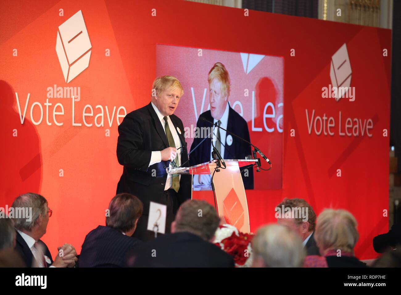 London, UK. 12th April 2016. Boris Johnson addressing Vote Leave Dinner. Stock Photo