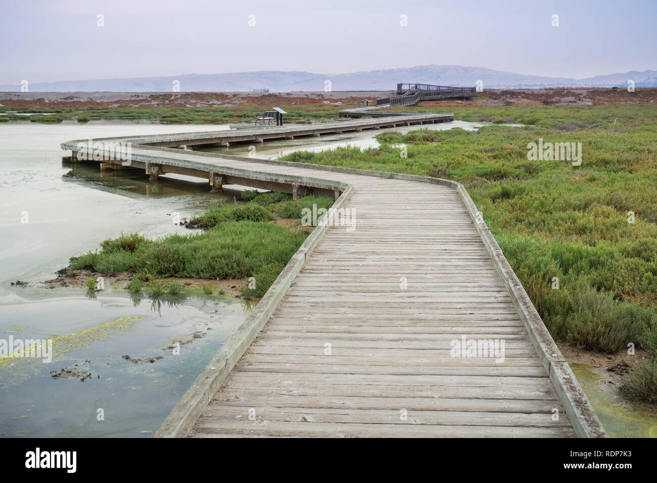 Boardwalk through Alviso Marsh on a cloudy day, San Jose, South San Francisco Bay, California Stock Photo