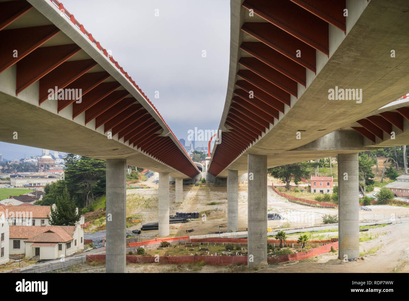Underside of a divided highway, San Francisco, California Stock Photo
