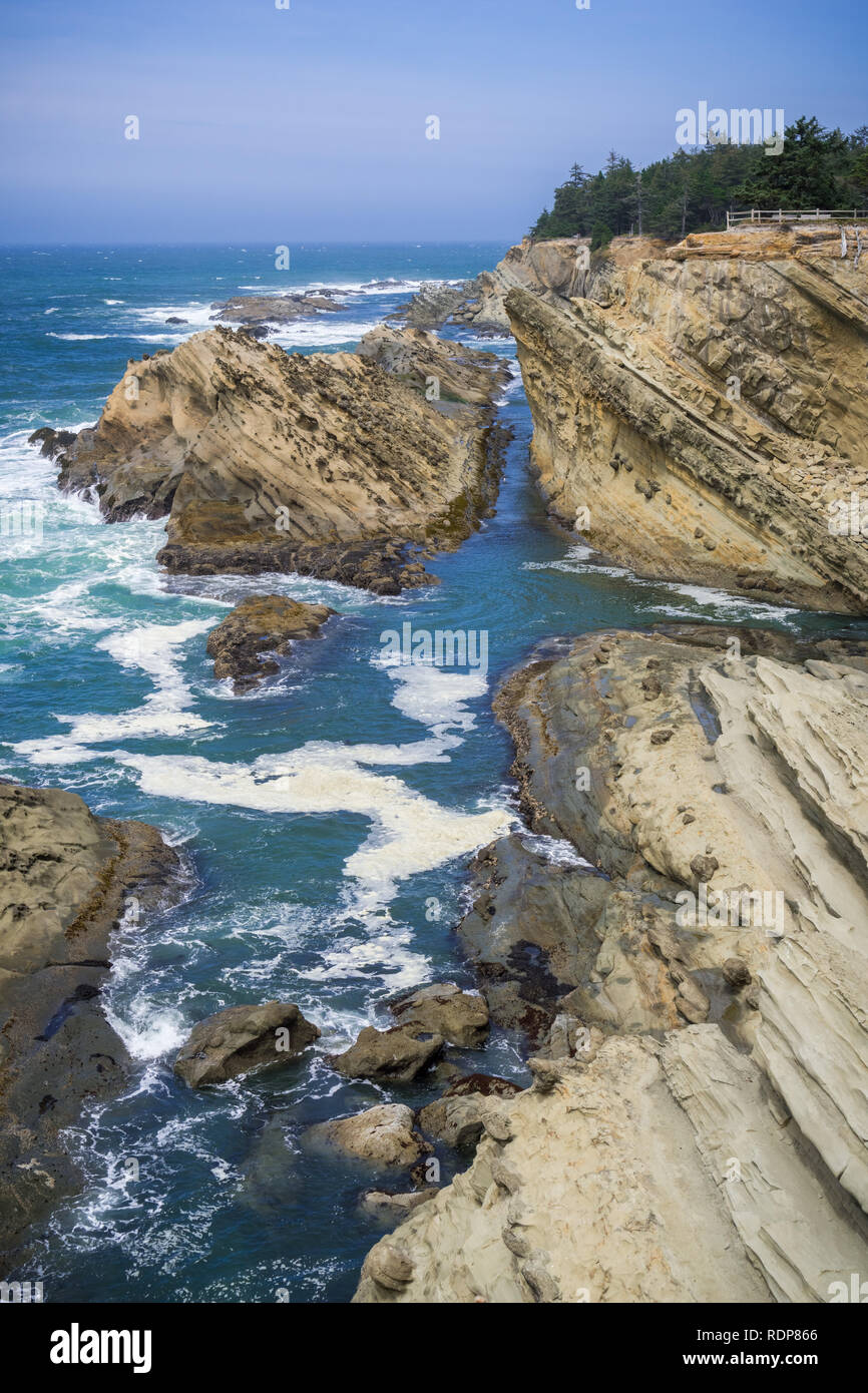 Dramatic shoreline with strange rock formations at Shores Acres State Park, Coos Bay, Oregon Stock Photo